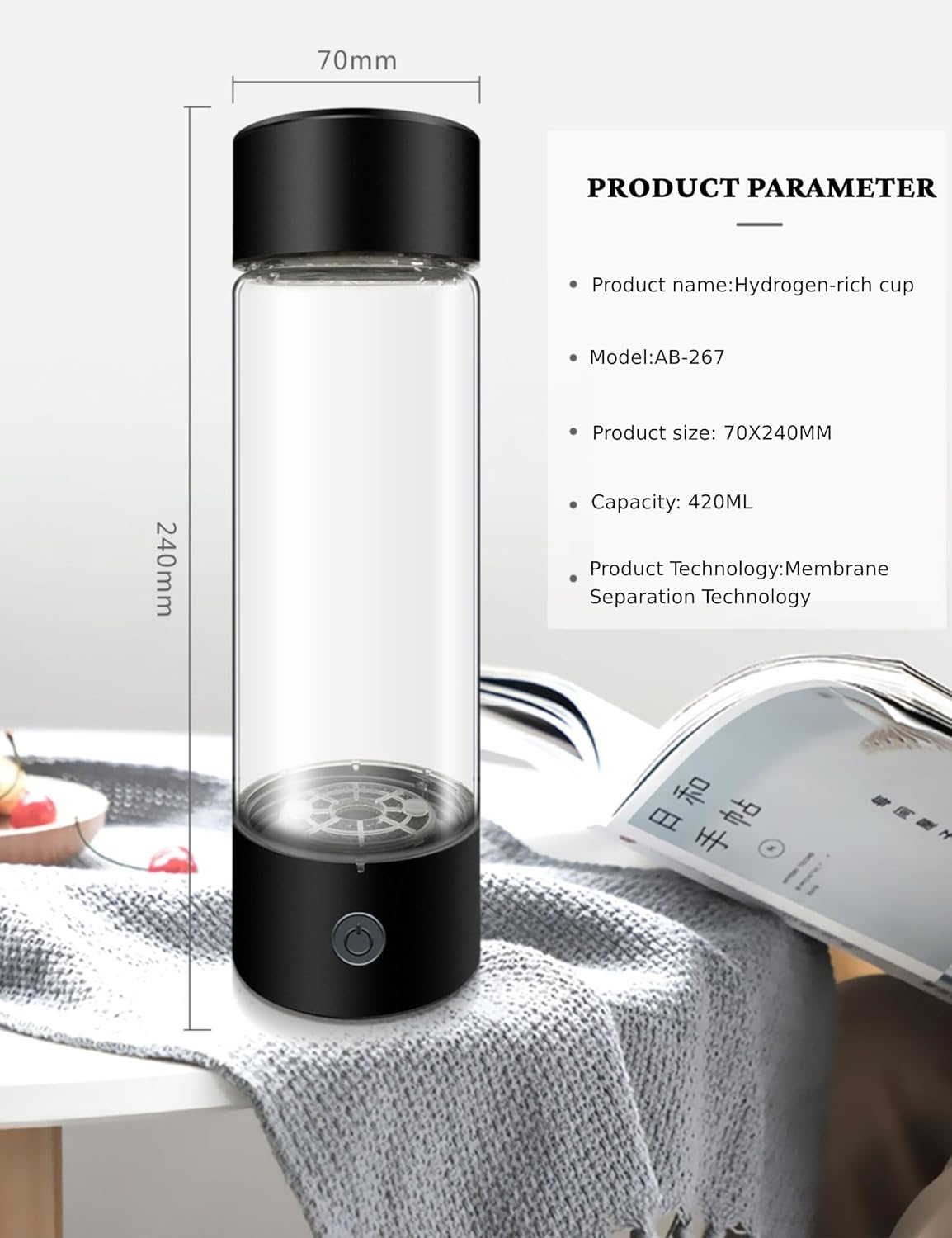 Hydrogen Water Bottle with Hose Adapter to Enjoy Pure O2/H2 & 420ml Big Capacity, 1200‑1400ppb Portable Hydrogen Water Generator for Travel