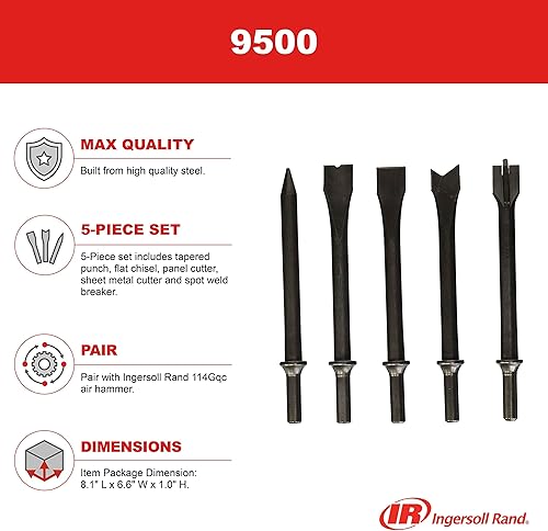 Miniatura 2 de Ingersoll Rand 9500 Kit de brocas de cincel para martillo neumático de la serie Edge 114GQC, juego de 5 piezas que incluye punzón cónico, cincel