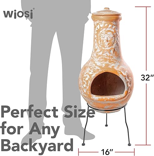 Miniatura 6 de Wiosi Chimeneas medianas de arcilla para exteriores con tapas de lluvia y soportes de metal sólido, chimenea de terracota amarilla, chimenea rústica