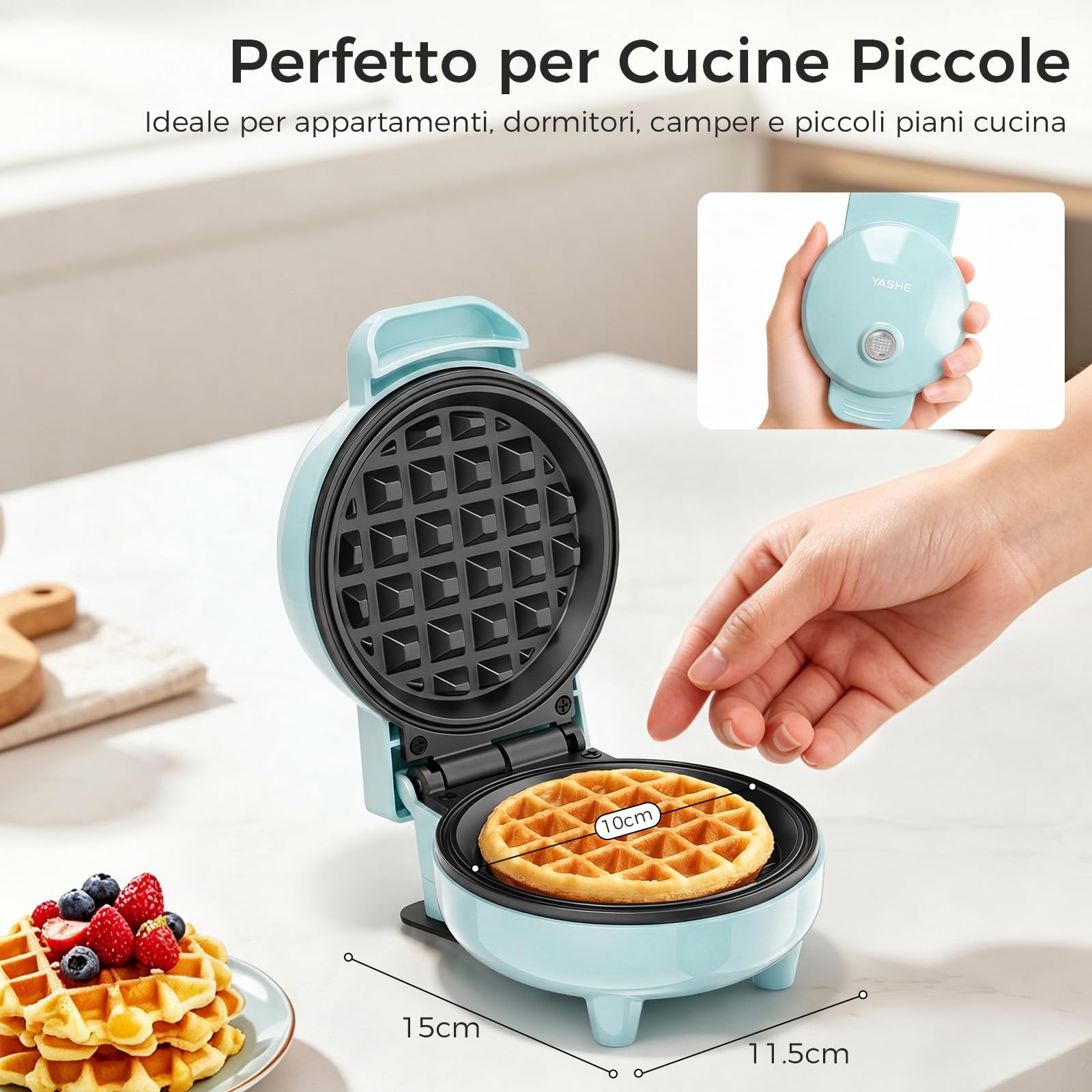 YASHE Mini piastra per waffle, 550 W, mini macchina per waffle con rivestimento antiaderente, spia di controllo, manico Cool Touch, piastra per waffle compatta per colazione, dessert e snack, blu