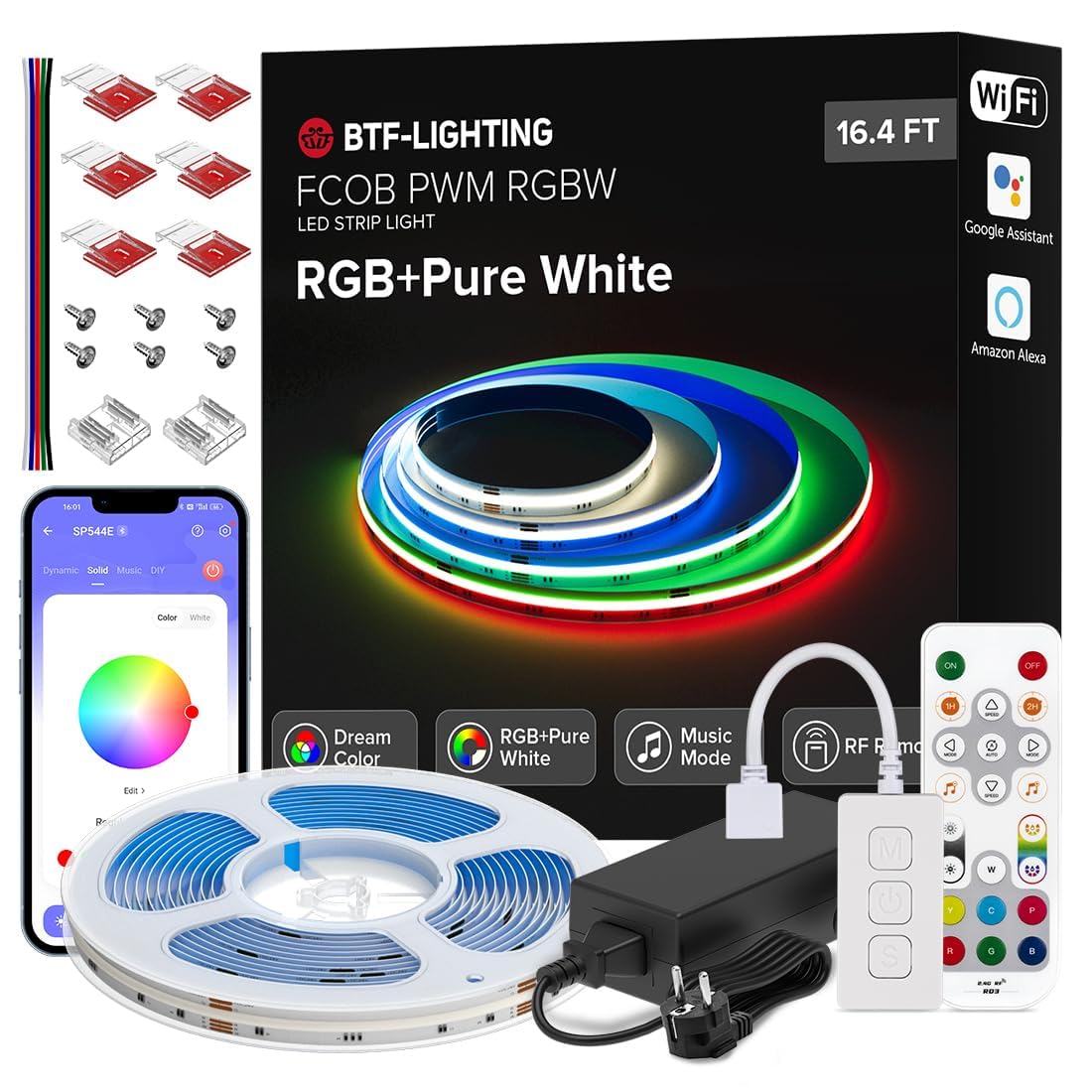 BTF-LIGHTING FCOB RGBW LED Kit 5M 896LEDs/m Bianco PCB DC24V IP30 Striscia luminosa LED RGB+bianco caldo LED Tape con SP544E 2.4Ghz WiFi PWM RGBW LED Controller per la decorazione domestica fai da te