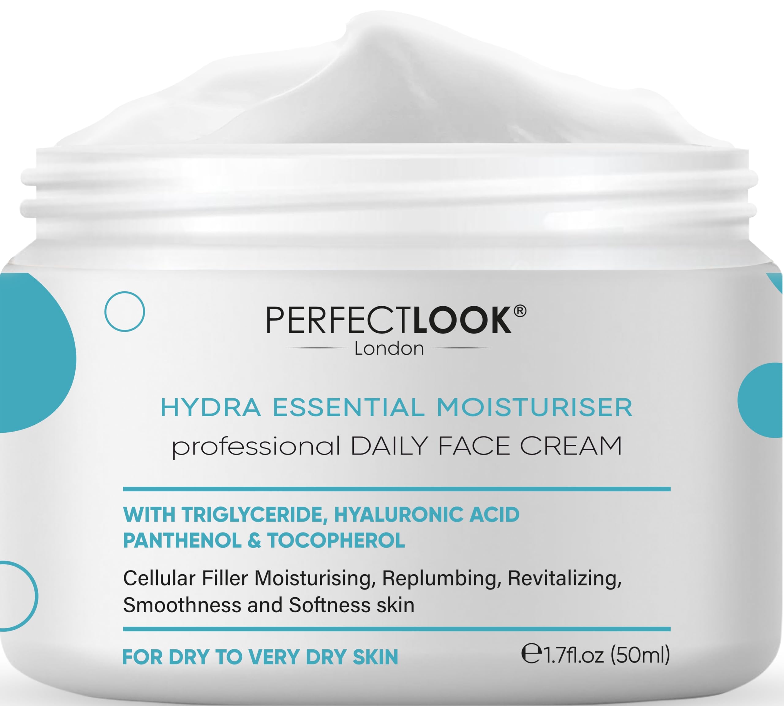 Perfect Look London Daily Face Moisturiser – Hyaluronic Acid, Vitamin E & B5, Anti-Aging, Hydrating Face Cream for Dry & Sensitive Skin – 50ml