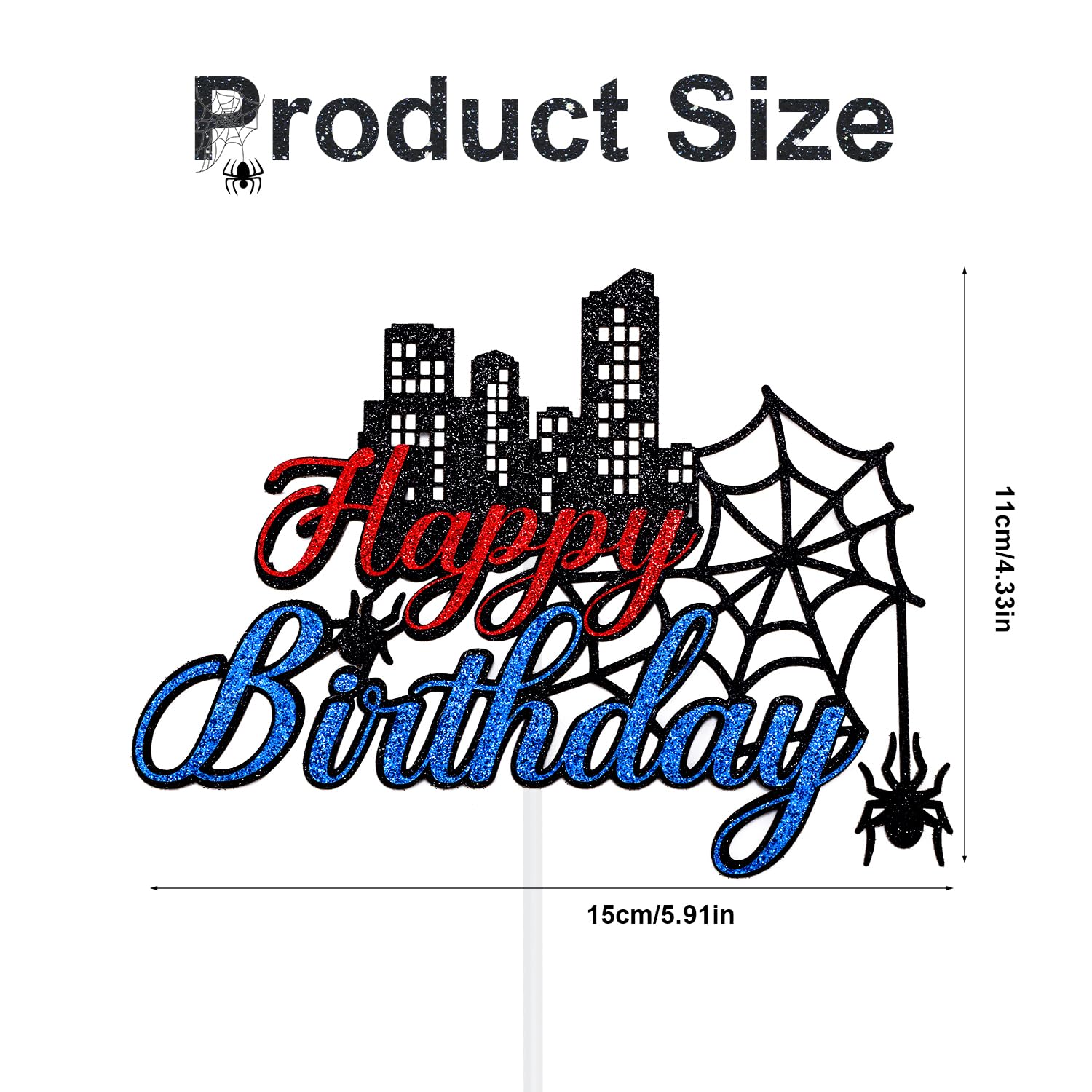 Cartoon Spider Birthday Cake Topper, Glitter Paper Cartoon Themed Happy Birthday Cupcake Topper Double-Sided Party Decoration for Boy & Girl
