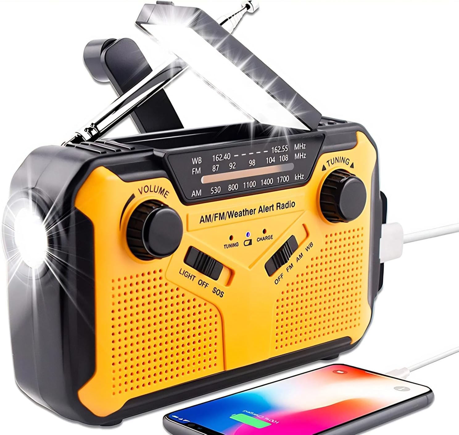 Weather Radio, Multifunction 4 Power Supply AM FM NOAA Emergency Radio with Adjustable Brightness for Camping, Outdoor (Yellow)