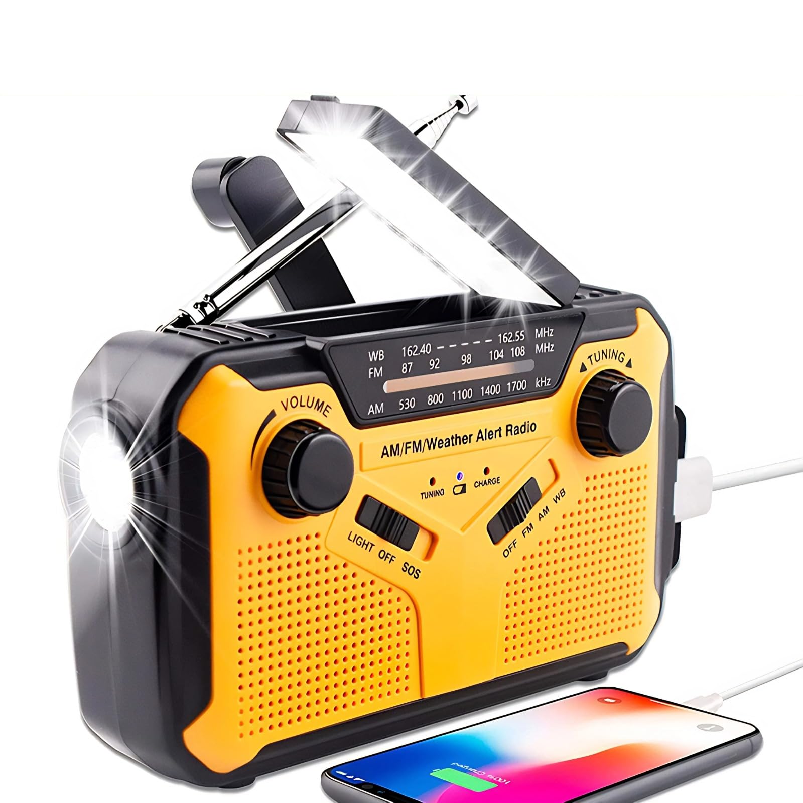 Weather Radio, Multifunction 4 Power Supply AM FM NOAA Emergency Radio with Adjustable Brightness for Camping, Outdoor (Yellow)