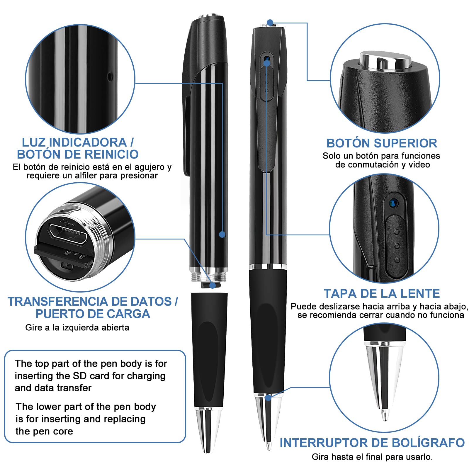 Cámaras Espía Oculta Mini HD 1080P 32GB Bolígrafo de cámara de niñera Grabadora de Audio y Video con Detección de Movimiento para Reuniones de Negocios
