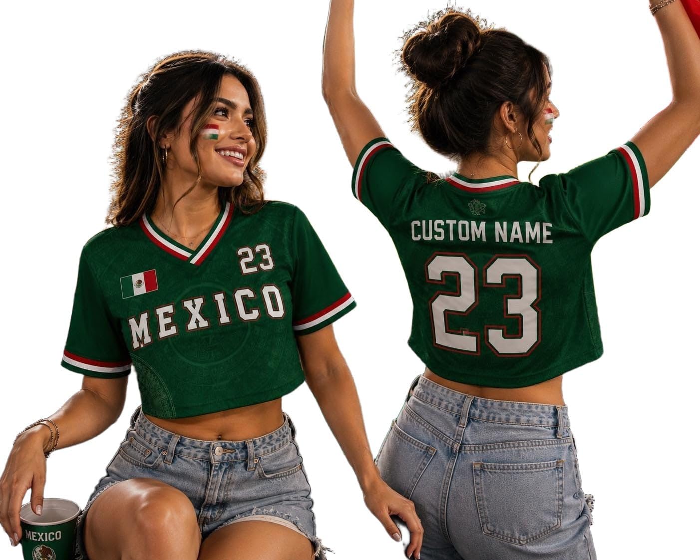 Custom Mexico Soccer Crop Top Jersey for Women, Personalized Mexican Football Fan Shirt, Festival Tee, Game Day Outfit 3