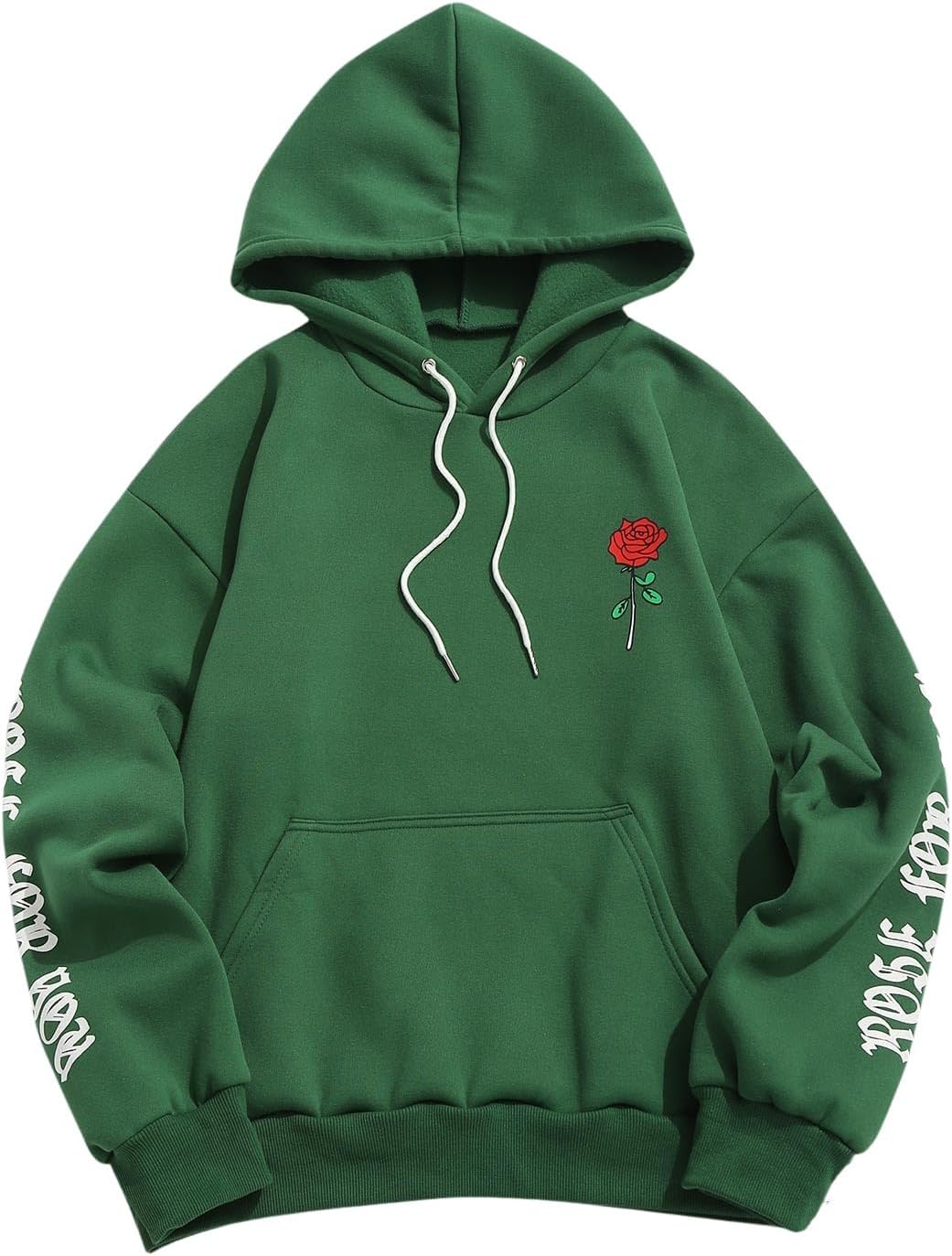 ZAFUL Men's Fleece Hoodie Unisex Rose Letter Print Hooded Pullover Kangaroo Pocket Sweatshirt