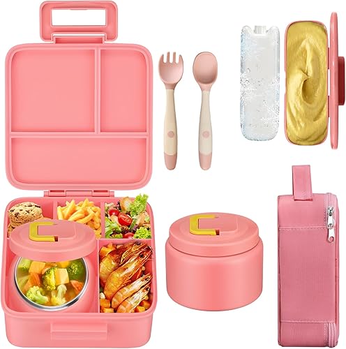 MAISON HUIS Lonchera Bento para niños con termo de sopa de 8 onzas, recipientes de almuerzo a prueba de fugas con 5 compartimentos, tarro térmico