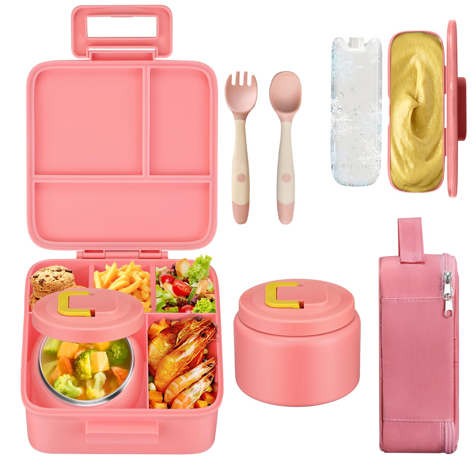 MAISON HUIS Bento Lunch Box with 8oz Soup Thermo, 5-Compartment Leak-Proof Container, Thermo Hot Food Jar and Insulated Lunch Bag, BPA Free,Travel, School (Pink)