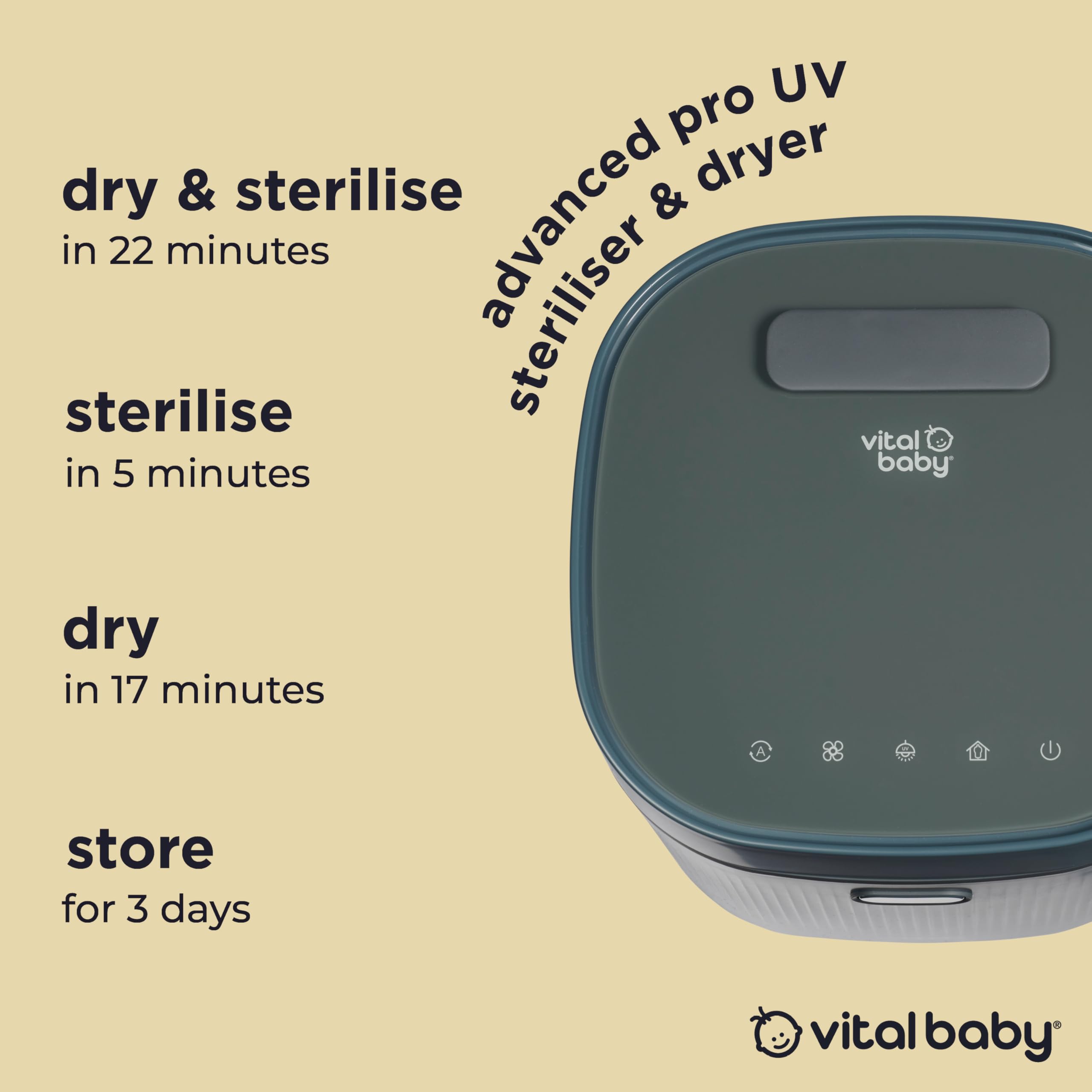 Vital Baby Stérilisateur UV pour biberons et accessoires - Tue 99,99% des germes en 5 minutes, stérilise, sèche et stocke, sans eau, vapeur ou produits chimiques - Bleu fumé