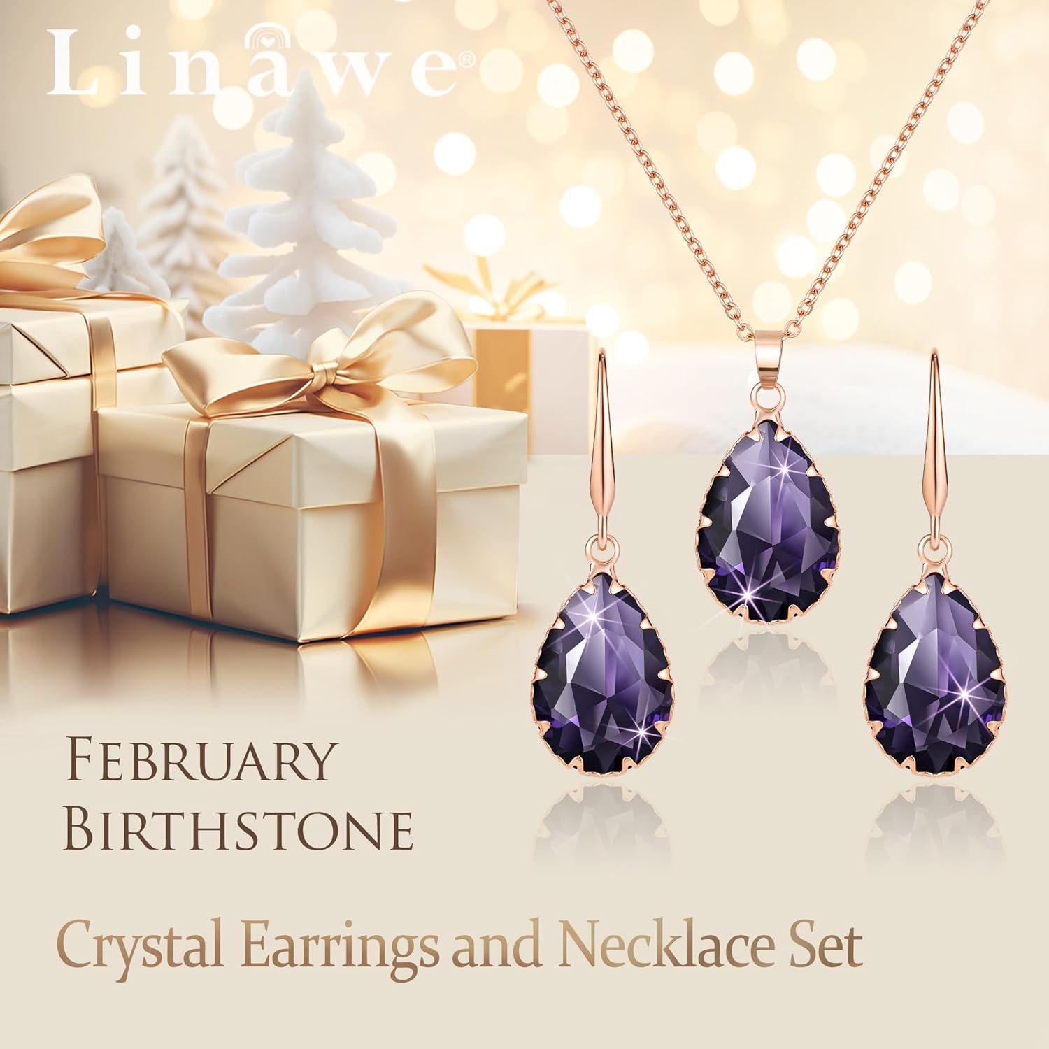 Linawe Crystal Jewelry Sets for Women, Imitation Diamond Pendant Necklace, Rhinestone Drop Dangle Earrings, Birthstone Cubic Zirconia Matching Wedding Jewelry, 14K Gold/Rose Gold/Silver Tones - Image 5