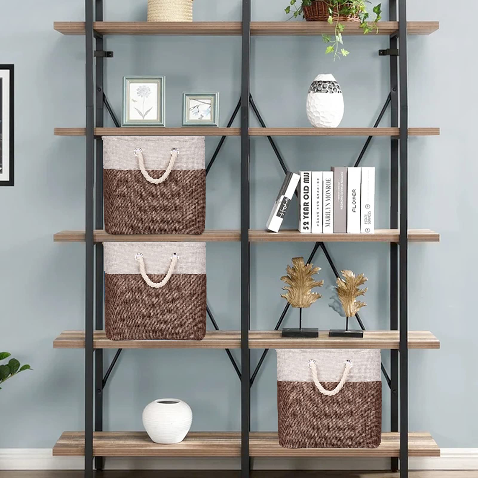 QY-SC29-2 Stoff-Aufbewahrungsboxen – 2er Set, 33x33x32 Cm, Zusammenklappbar, Beige/braun Mit Griffen