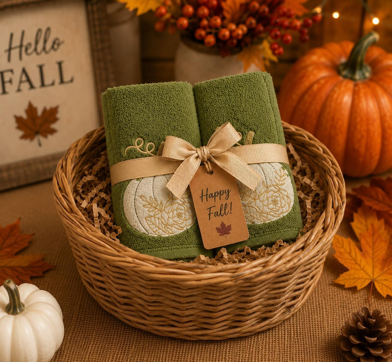 Fall Green Fingertip Guest BathroomTowels, Golr & White Pumpkin, 12x18" | Set of 2, 100% Soft Cotton Velour, Embroidered Autumn Farmhouse Decor for Bath or Kitchen, Perfect for Parties & Gifts