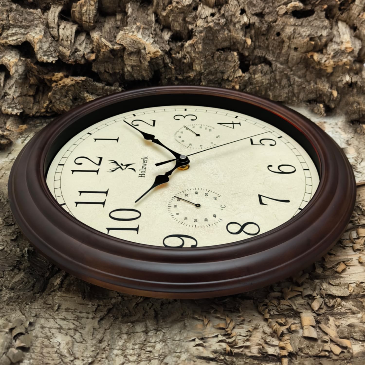 Holzwerk Hornberg zegar ścienny w stylu retro, 35 cm, vintage, kwarcowy, ze wskaźnikiem temperatury i higrometrem, wilgotnościomierz, termometr, szkło, okrągły, drewniany zegar, prawie bezgłośny