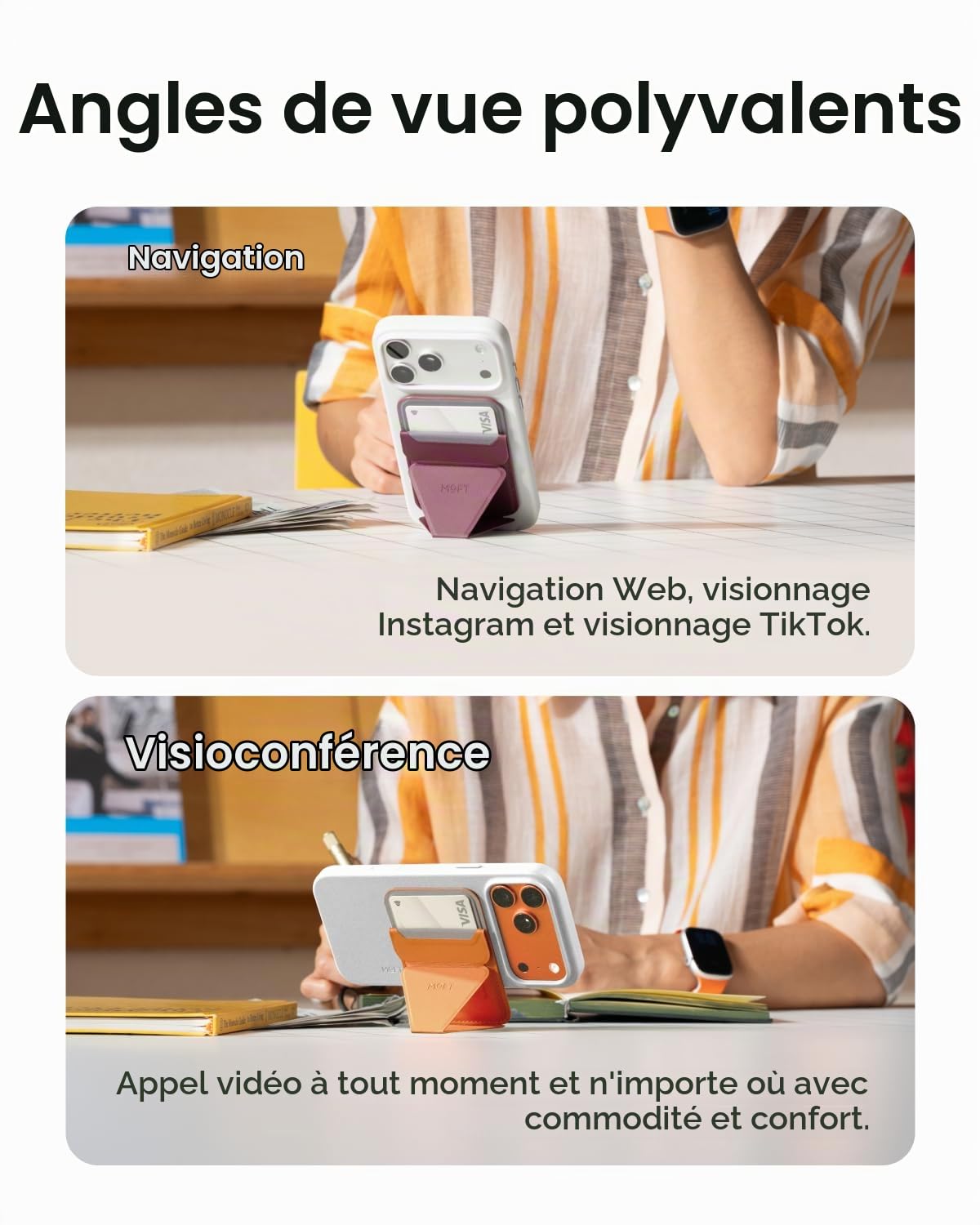 MOFT Porte Cartes MagSafe avec Apple Localiser, Support de Téléphone Magnétique Ultra-Fin et Traçable, Support 3-en-1 Ajustable Multi-Angle pour iPhone 17/16/15/14/13/12, Sunrise