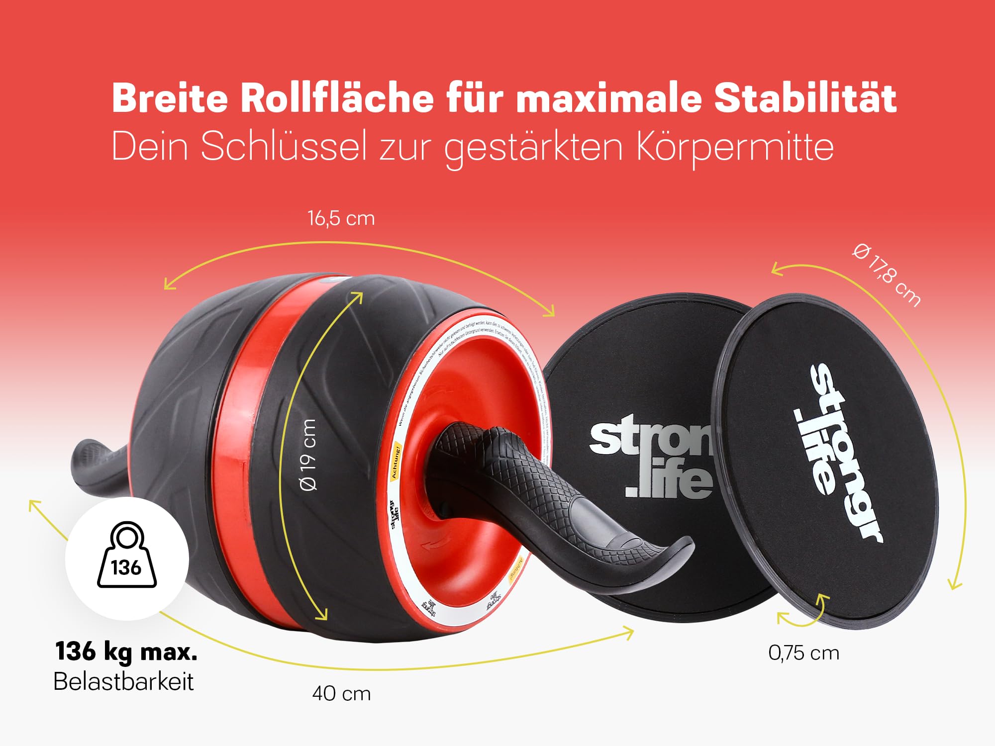 Bauchtrainer für Zuhause - Bauchmuskeltrainer inkl. Schiebepads - Extra breiter Bauchroller - Sport Fitnessgeräte für Zuhause - Ab Roller