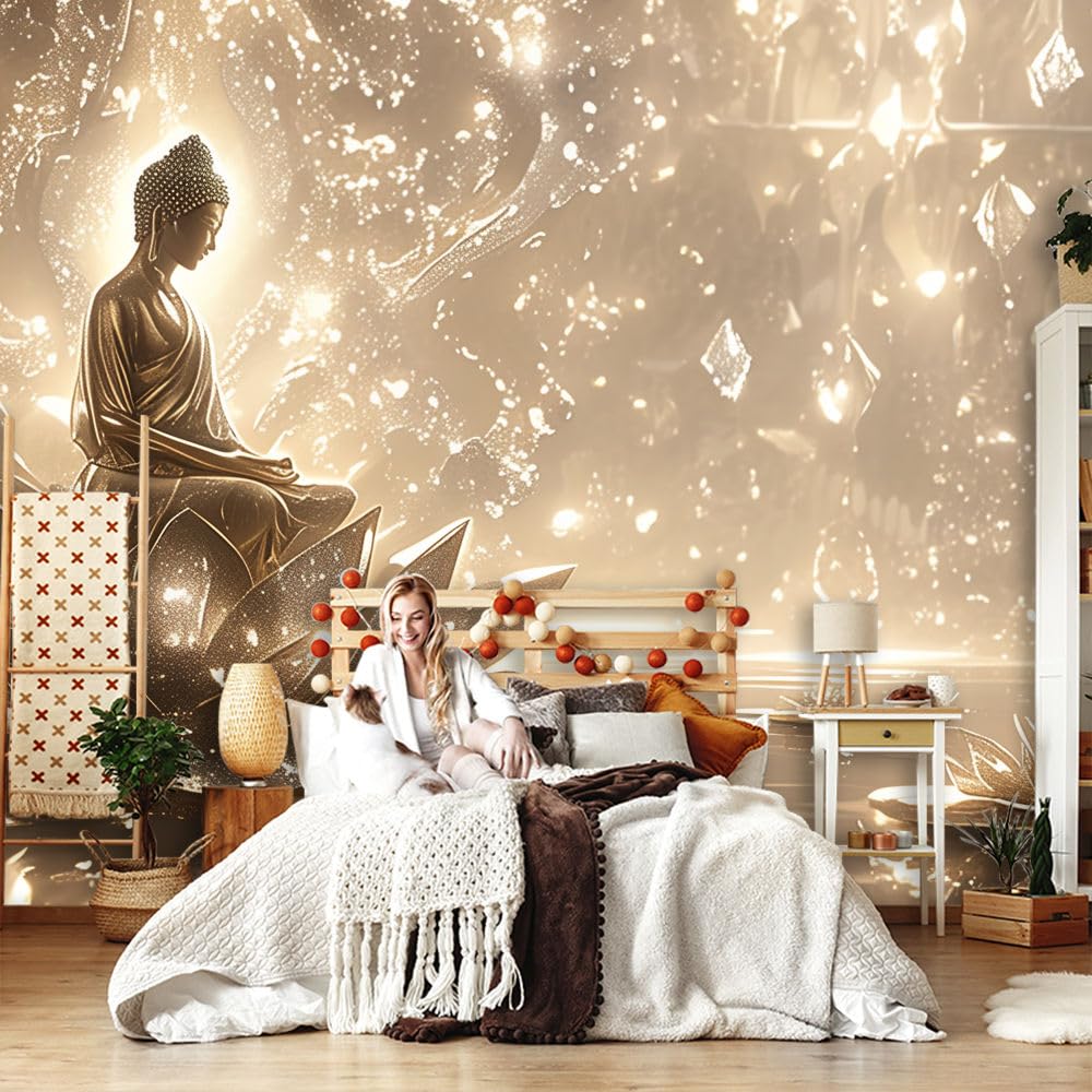 XiuTaiLtd Photo Wallpaper 3D Effect Golden Zen Buddha Statue Lotus Photo Wallpaper Silk Wallpaper Pictures Wall Mural Decoration -350x256 CM