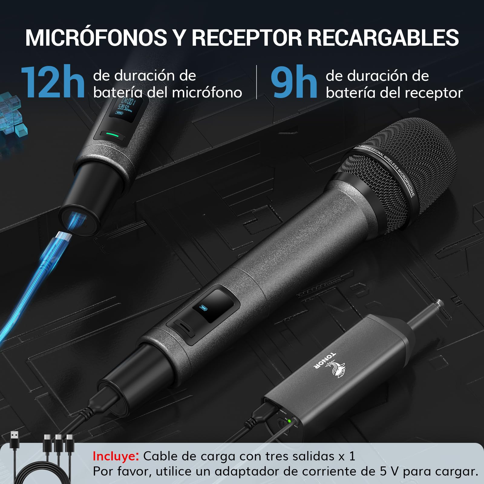 TONOR Microfono Inalambricos Karaoke Recargable UHF, 2x20 Canales Micrófono Dinámicos de Metal, Micrófono Inalámbrico Profesional para Cantar la Boda de la Iglesia con Volumen ajust, 80 M, TW520
