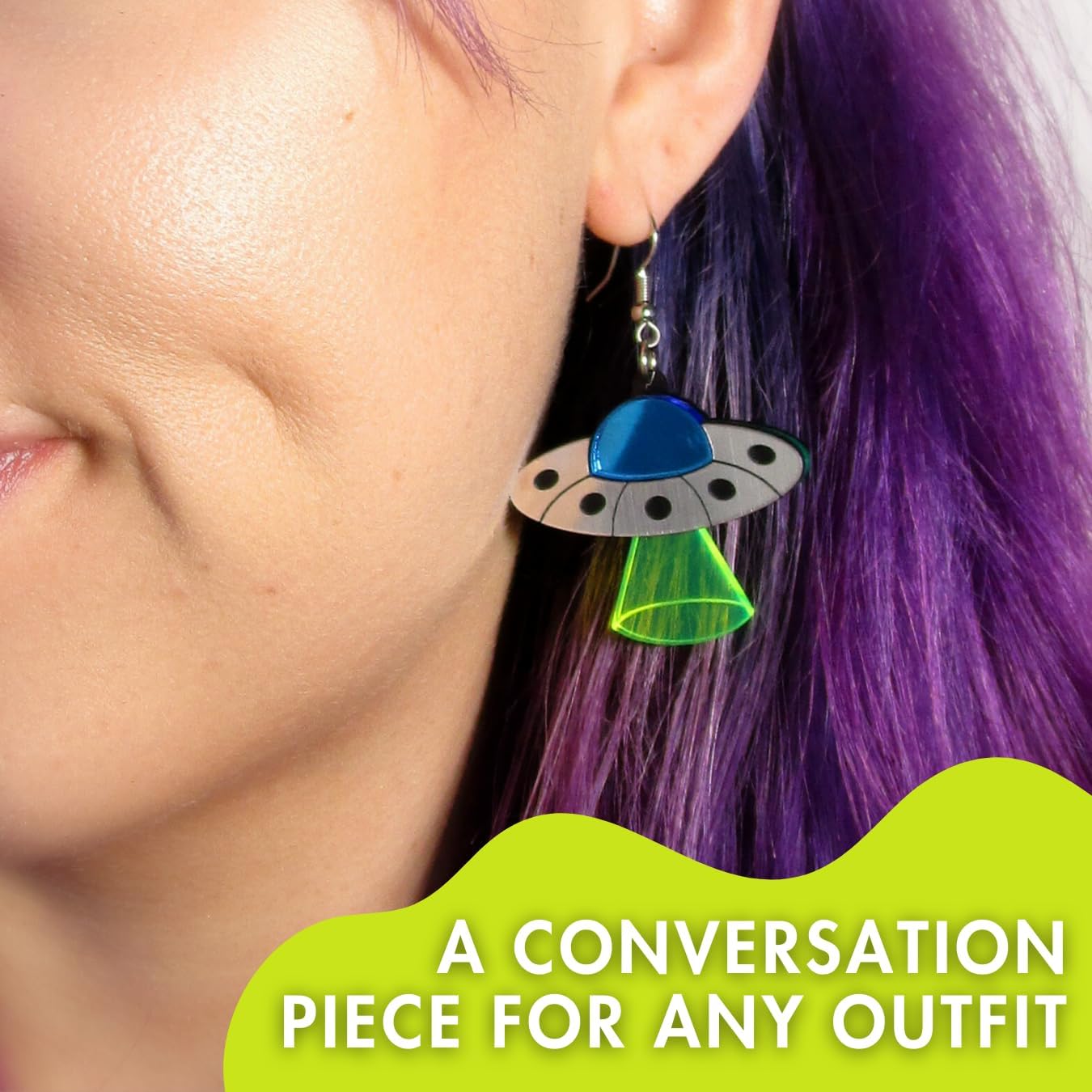 It's Just So You ~ UFO Alien Abduction Nickel Free Rave Earrings, Quirky Black Light Glow Flying Saucer Space Dangle Earring Jewelry