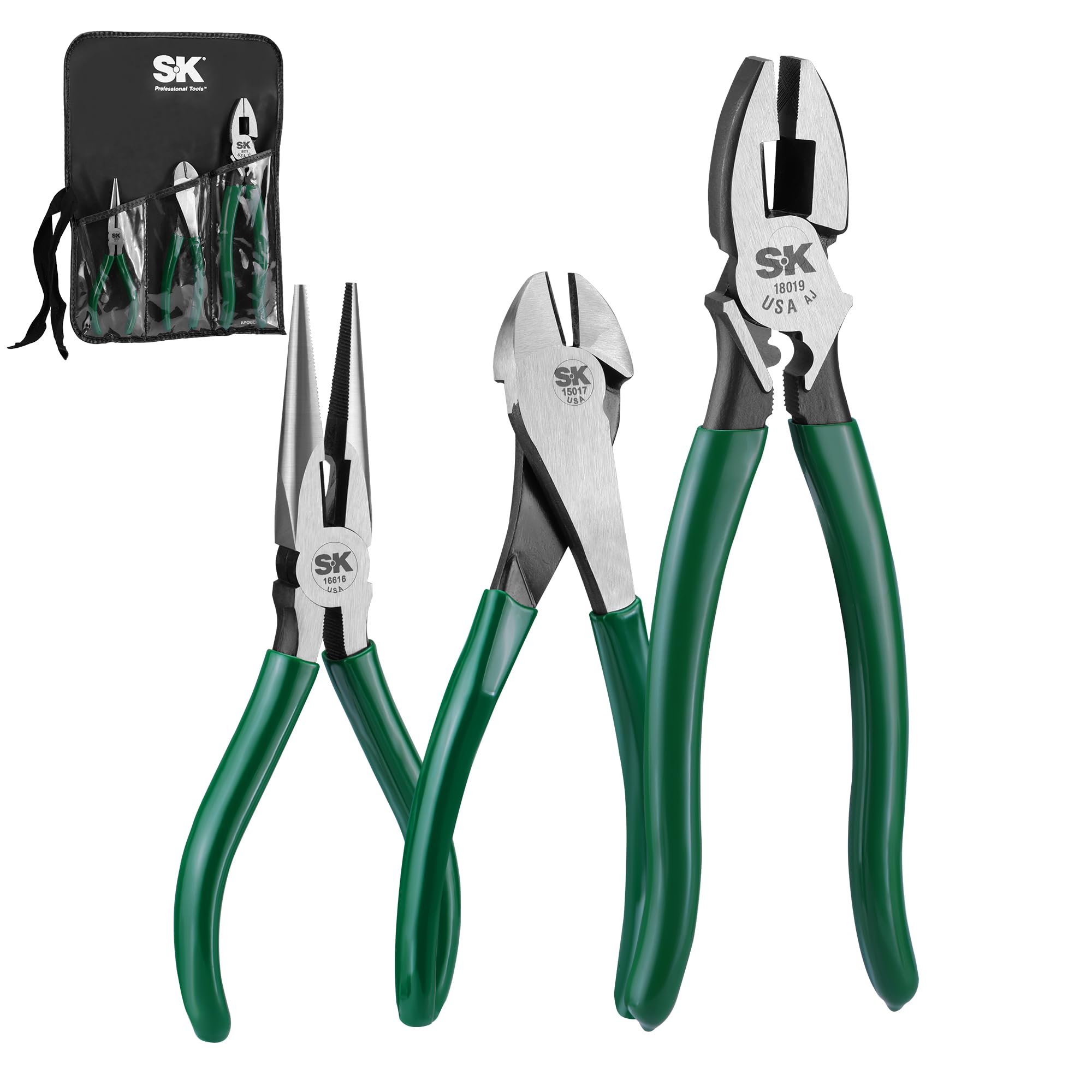 SK Tools USA 3 Piece Pliers Set: Diagonal Cutting, Long Nose