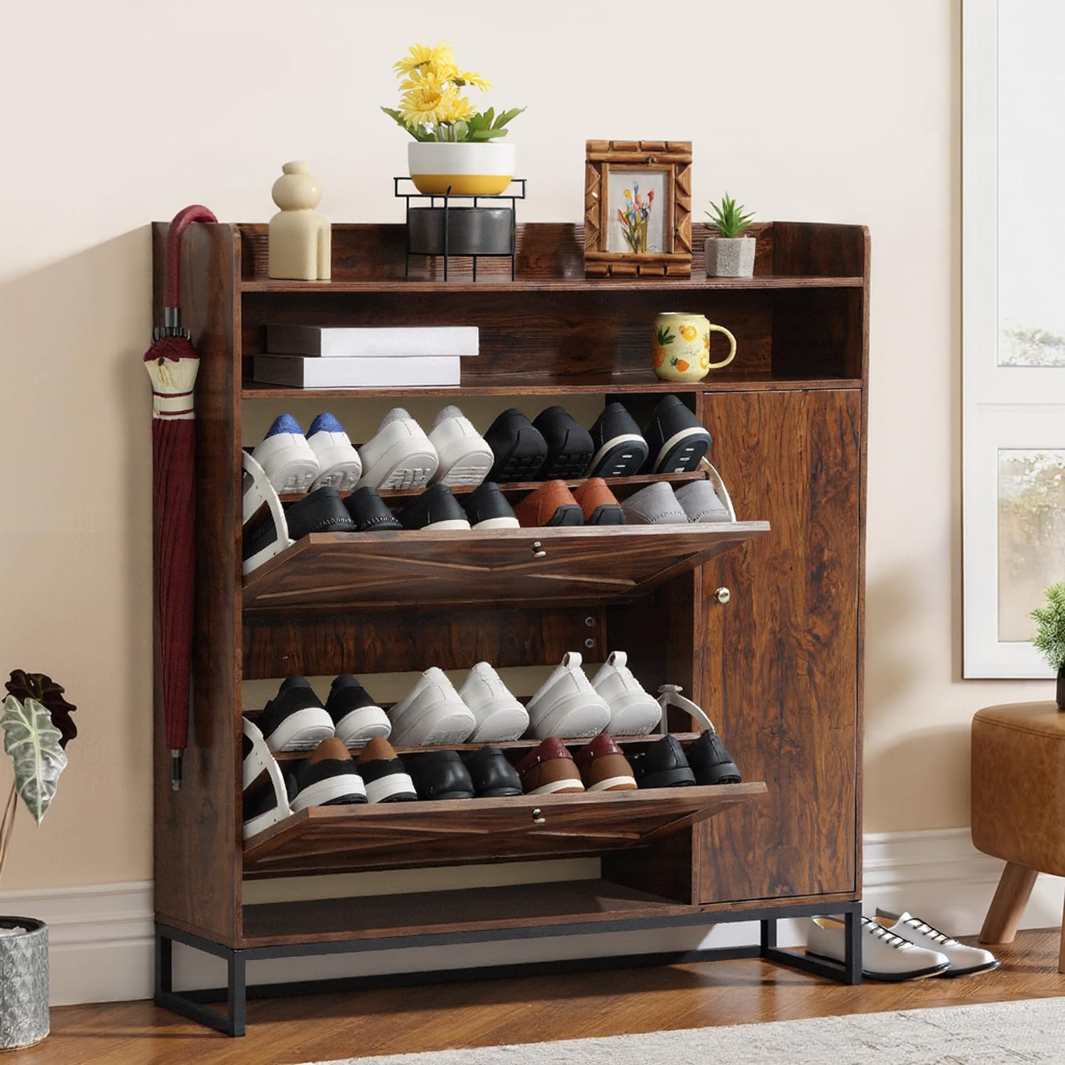 SunSettler Shoe Storage Cabinet with 2 Flip Drawers, Freestanding Shoe Cabinet for Entryway, Narrow Shoe Rack for Entryway, Rustic Brown