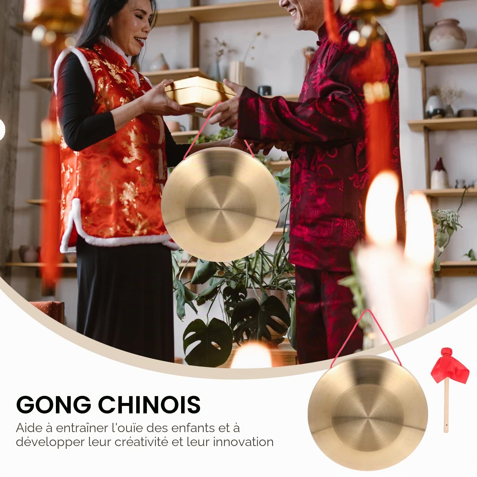 Generic Gong avec Maillet 32 Cm Tam Tam Gong Traditionnel Chinois Percussion Instrument Cuivre Décoratif Chau Gong pour La Maison Bureau