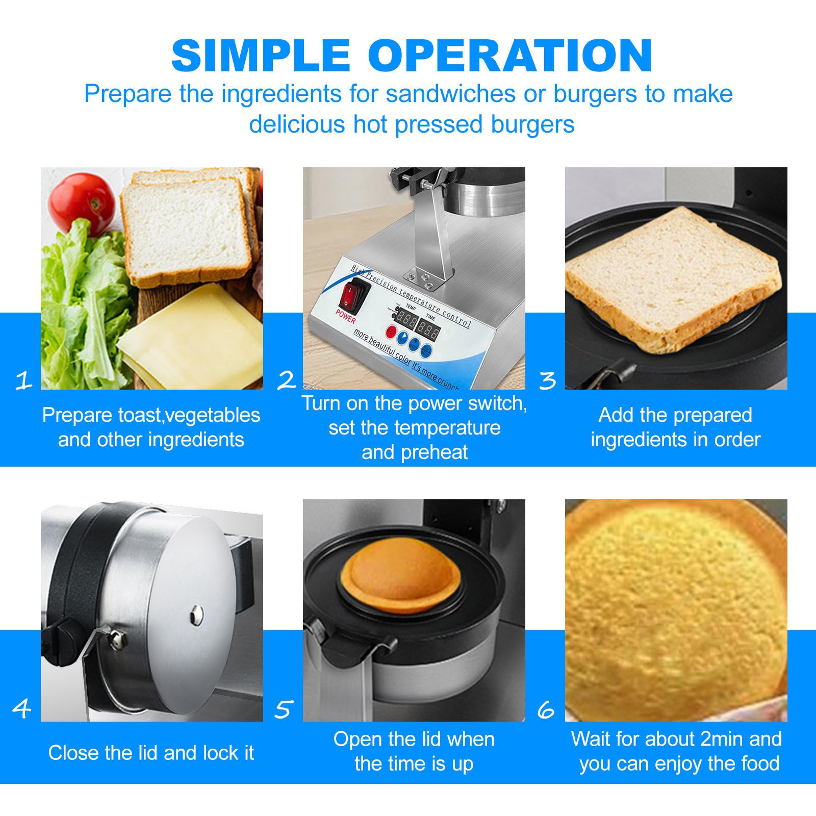 Máquina para hacer waffles y hamburguesas comercial, panel de control con pantalla digital, calentamiento de doble cara de 50 a 220 ℃, temporizador de 0 a 9'59", máquina para hacer hamburguesas eléc