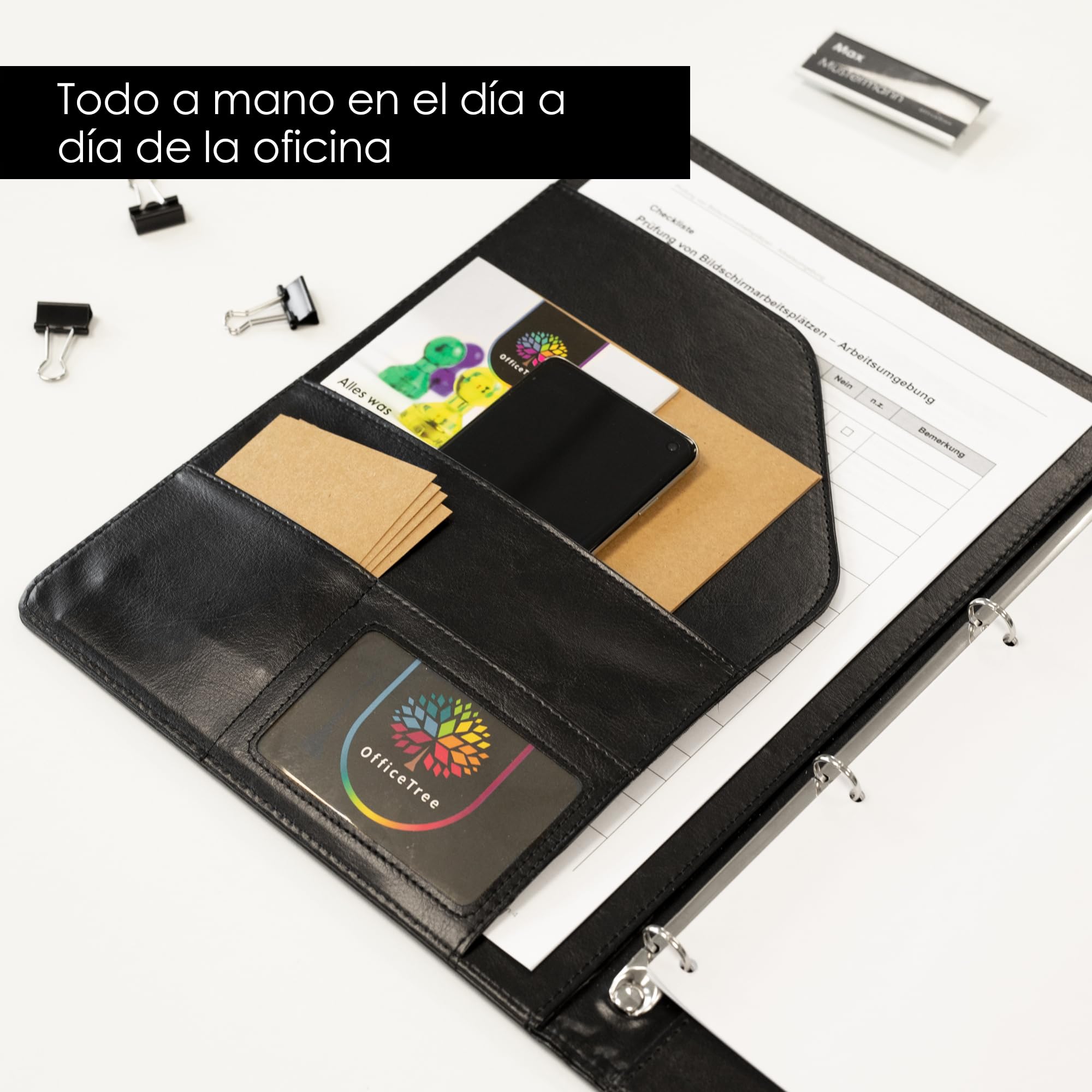 OfficeTree Portadocumentos A4 Con Bloc de Notas y Bolígrafo Negro - Carpeta de Conferencia Con Anillas - Organizador Portapapeles DIN A4 - Portafolios Negro