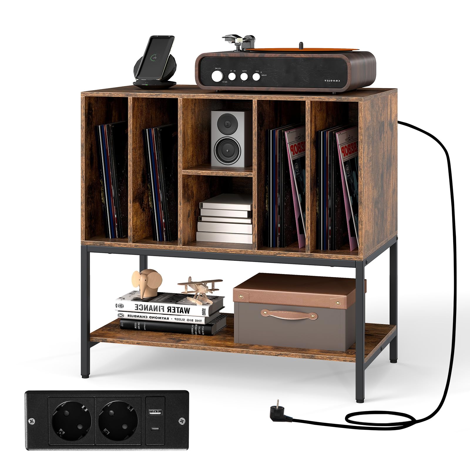KOMFOTTEU Meuble Platine Vinyle avec Station de Charge, Support de Tourne-Disque, 80 x 45 x 79,5 cm, Industriel