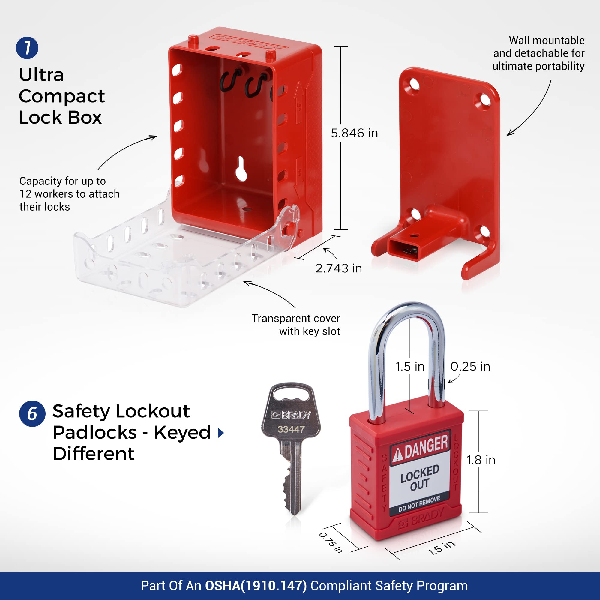 BRADY Portable Group Lock Box - Red, Wall Mounted, Plastic. Red