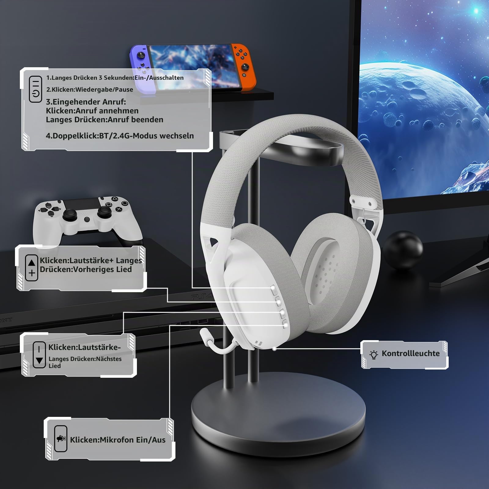 ATTACK SHARK L80 Ultra Leichtes Drahtloses Gaming-Headset, BT 5.3, 2.4G, 3.5mm Kabelgebunden, 50 Std, 40mm Pro-G Treiber, Gaming-Kopfhörer mit Abnehmbaren Mikrofon, für PC, Mac, Mobilgeräte - Weiß