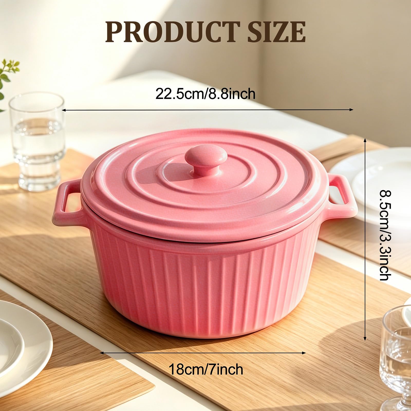 Plat à Gratin en Céramique avec Couvercle, 1,2L, Mini Cocotte avec Poignées, Grand Bol pour Lasagnes, Ramen, Pâtisserie, Moules Ronds pour Four, Micro-ondes, Rose Framboise