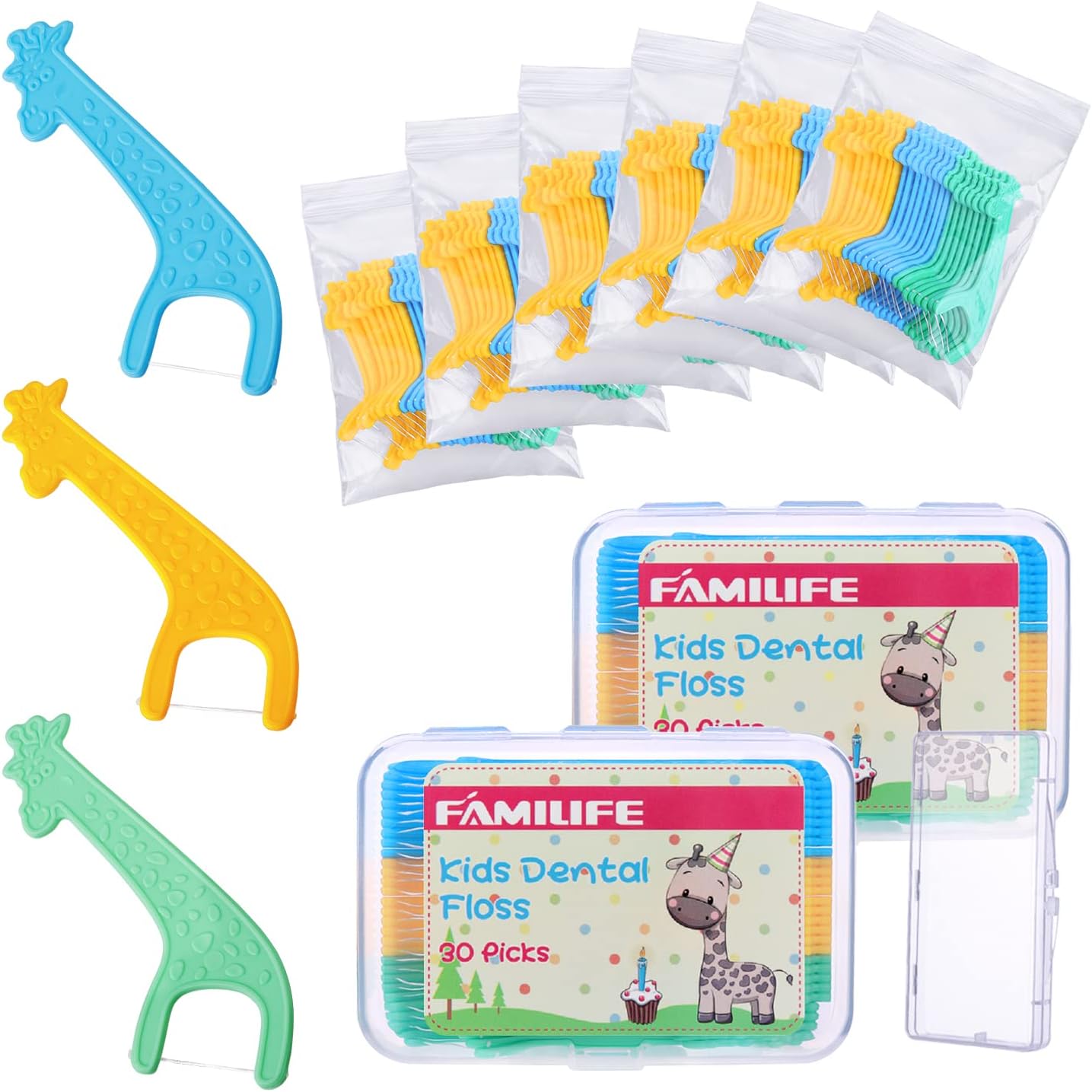 Kid's Dental Floss Picks Fluoride Free, Unflavored Fun Flossing Children with Portable Travel Cases Refills Pack, 204 Picks