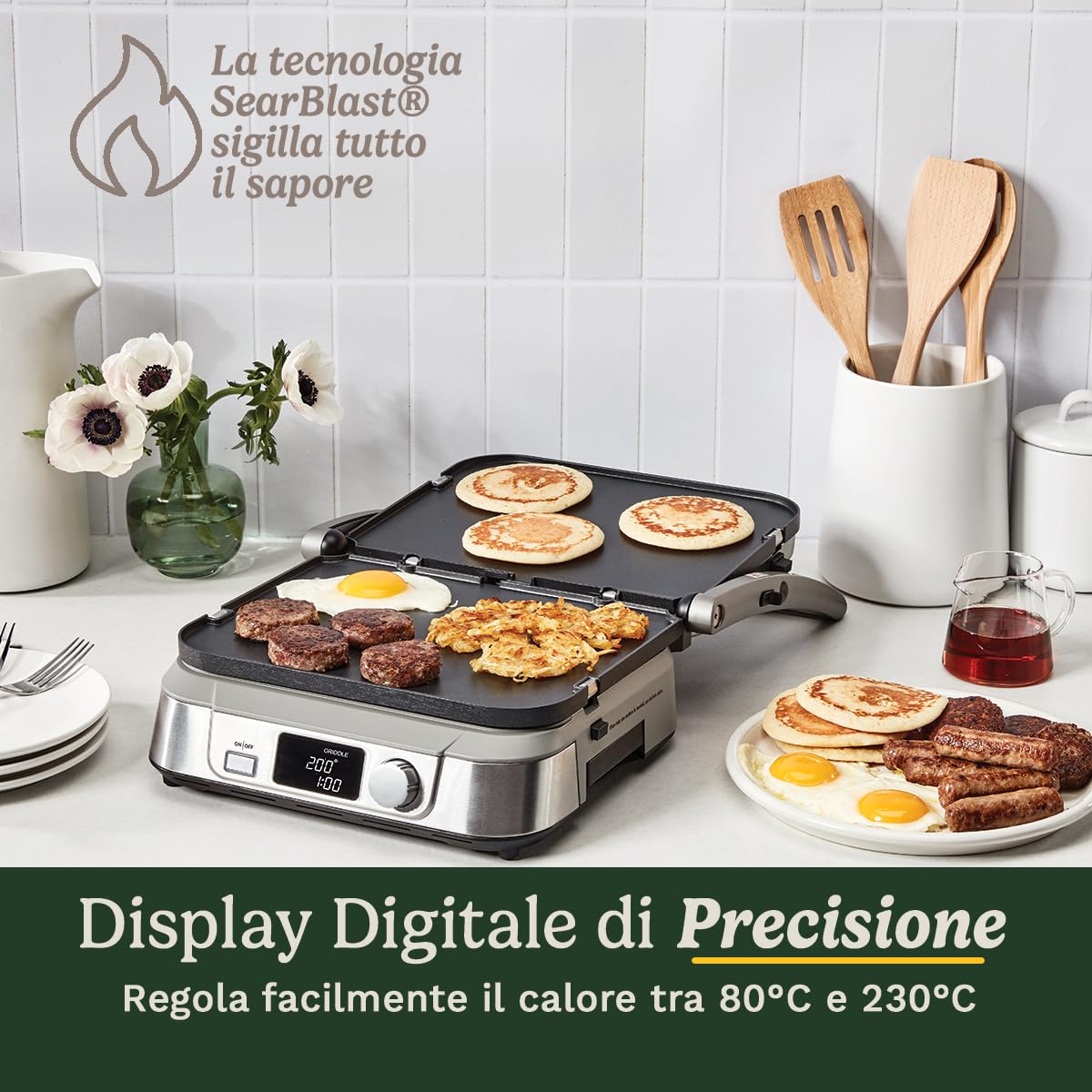 Cuisinart Grill 6-in-1: Piastra, Waffle, Grill/Piastra, Piastre antiaderenti reversibili, Display digitale, SearBlast®, Cerniera regolabile GR5E