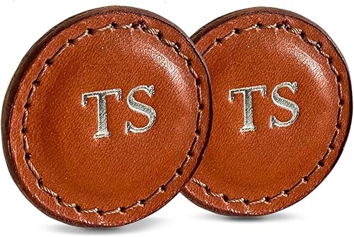 Personalized Golf Ball Markers (Tan, Set of 2) - Golf Gifts for Men - Monogrammed Initial Custom Golf Markers wFull Grain Genuine Leather - Fathers