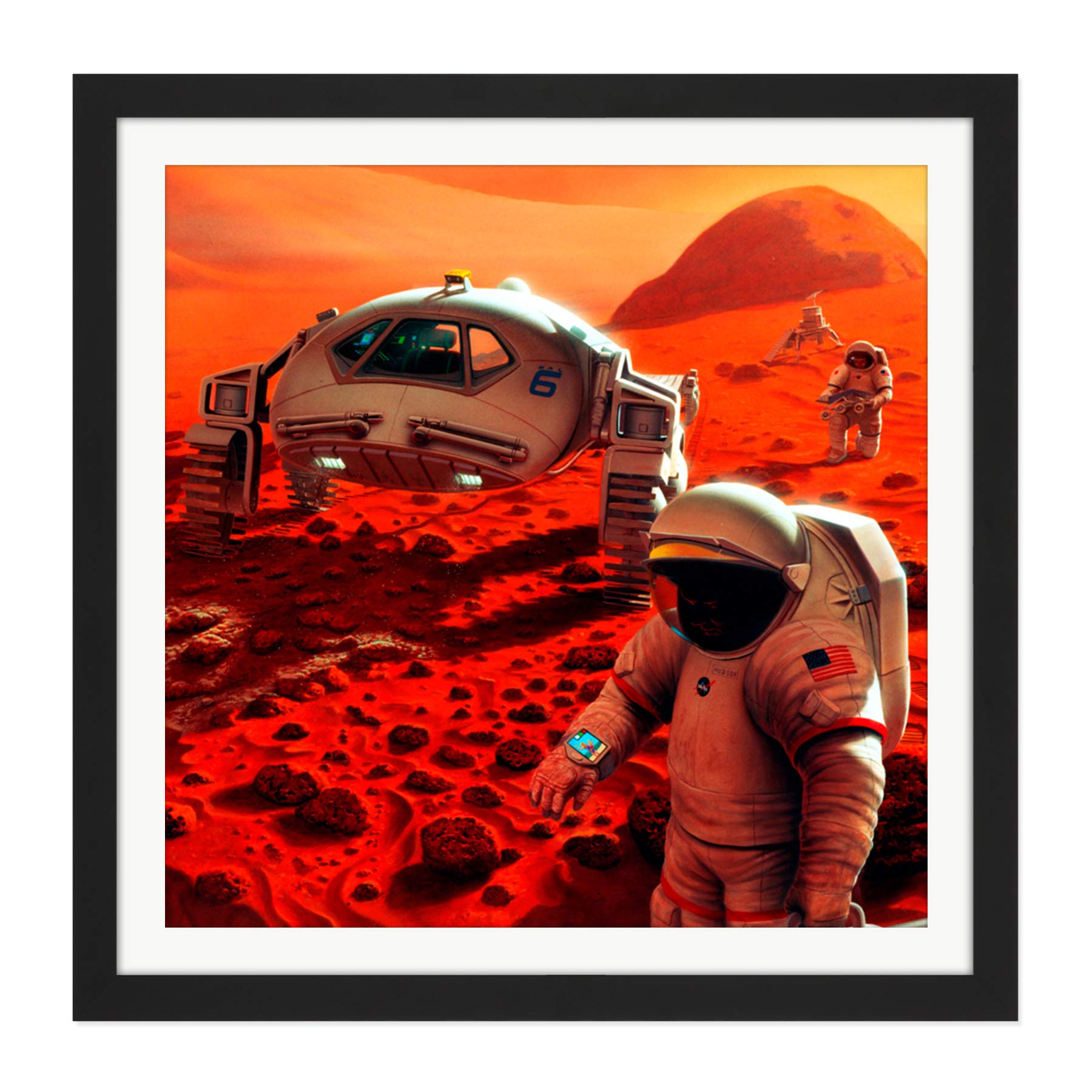 Space NASA Humans On Mars Planet Rover Illustration Square Wooden Framed Wall Art Print Picture 16X16 Inch
