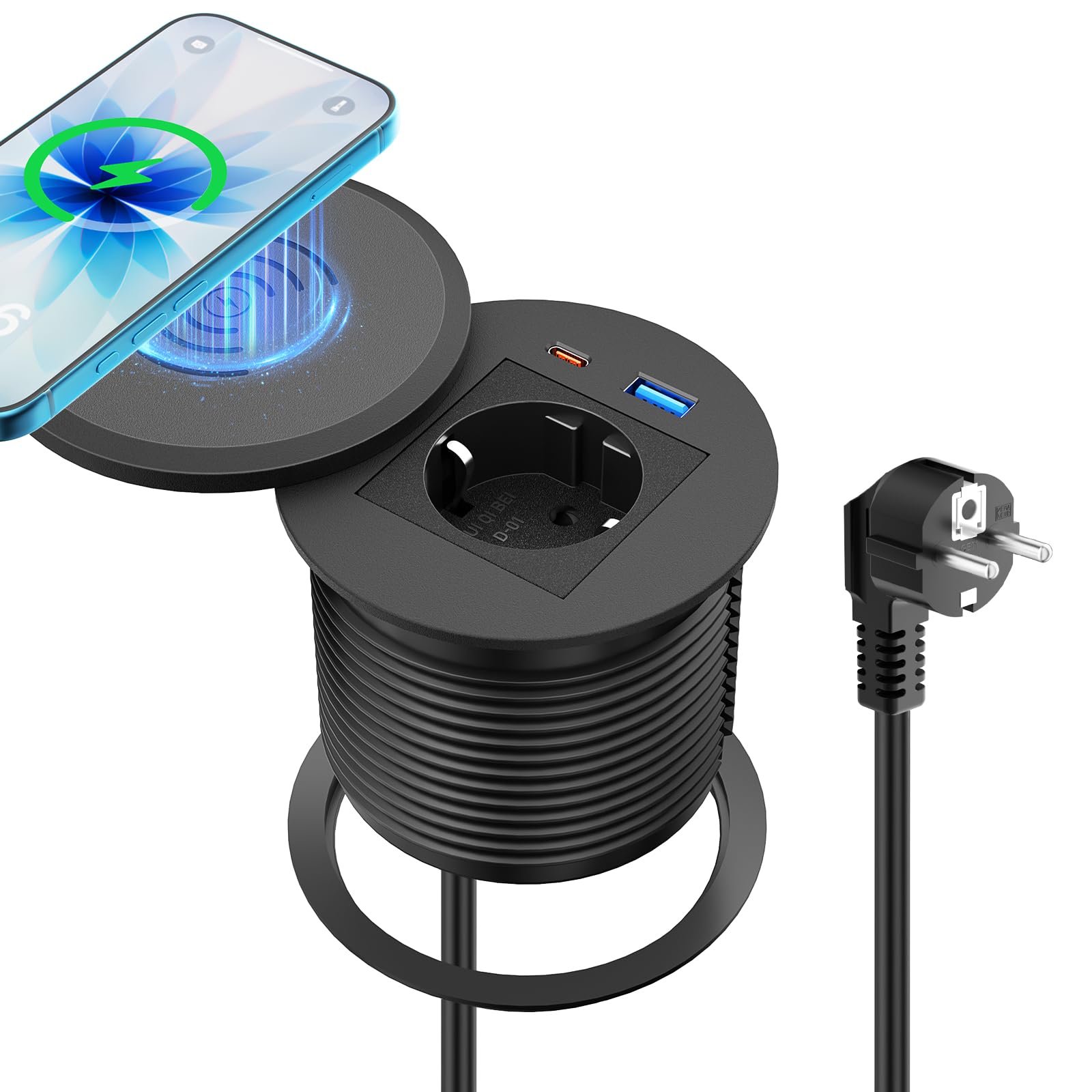 Einbausteckdose mit USB-C PD 30W und 15W Qi-Laden, Ø80 mm