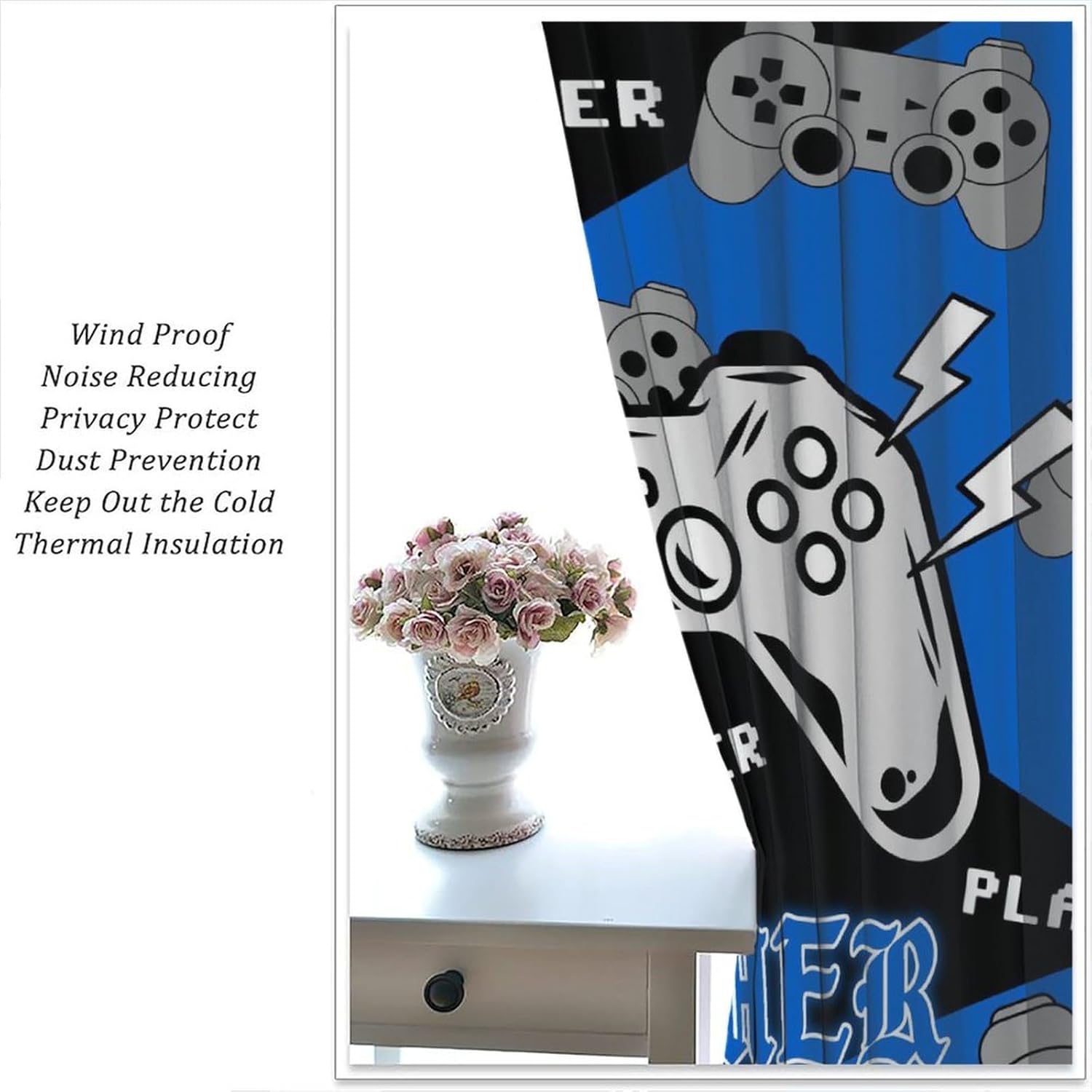 Gaming Curtains for Boys Bedroom Kids Gamer Room Decor Curtain Teens Black and Red Video Game Controller Window Treatments Drapes,Blue 42x54 Inch