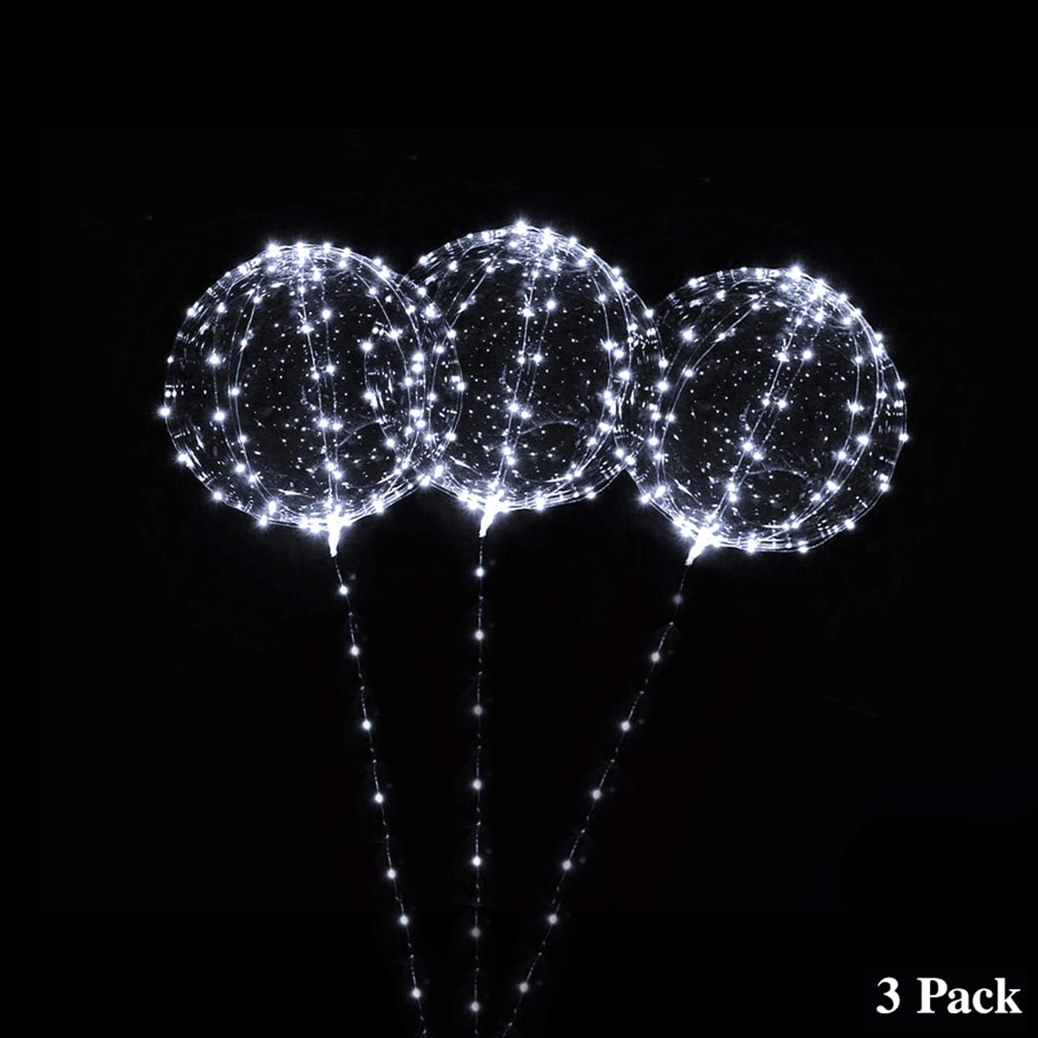 18 Inch 3 PCS Led Light Up BoBo Balloon, Warm White/ Red/ Blue colors, Fillable Transparent Balloons with Helium, Great for Party, House Decorations, Wedding and Party Decoration, Lasts 72 (White)