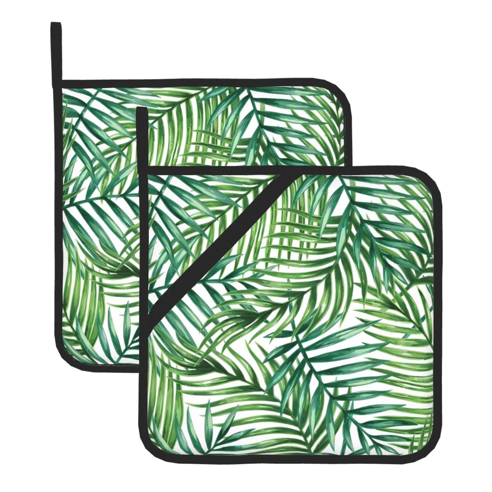 HJFCZH Tropical Palm Tree Leaves Watercolor Prints Square Hot Pads for Kitchen Counter - Waterproof Pot Holders, Durable Heat Resistant Throw Layers for Serving, Oven & BBQ - 2 Pack