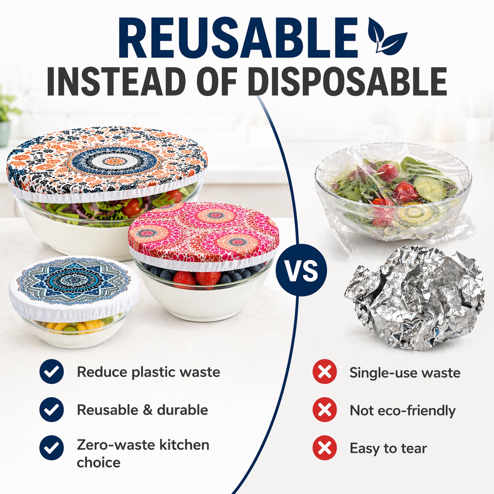 Lot de 10 couvercles pour aliments : en tissu élastique pour aliments, couvercles réutilisables avec élastique, housses imprimées de qualité alimentaire pour salade en verre, pot