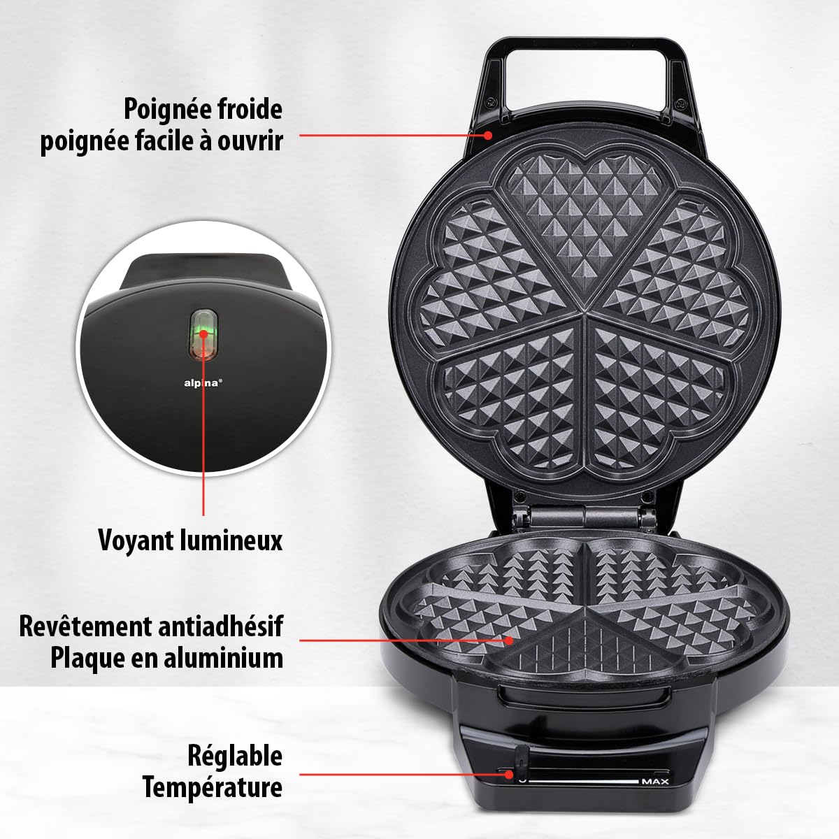 Gaufrier Tefal WM310D - Gaufres En Forme De Cœur, Plaques Antiadhésives, 1000W, Thermostat Réglable
