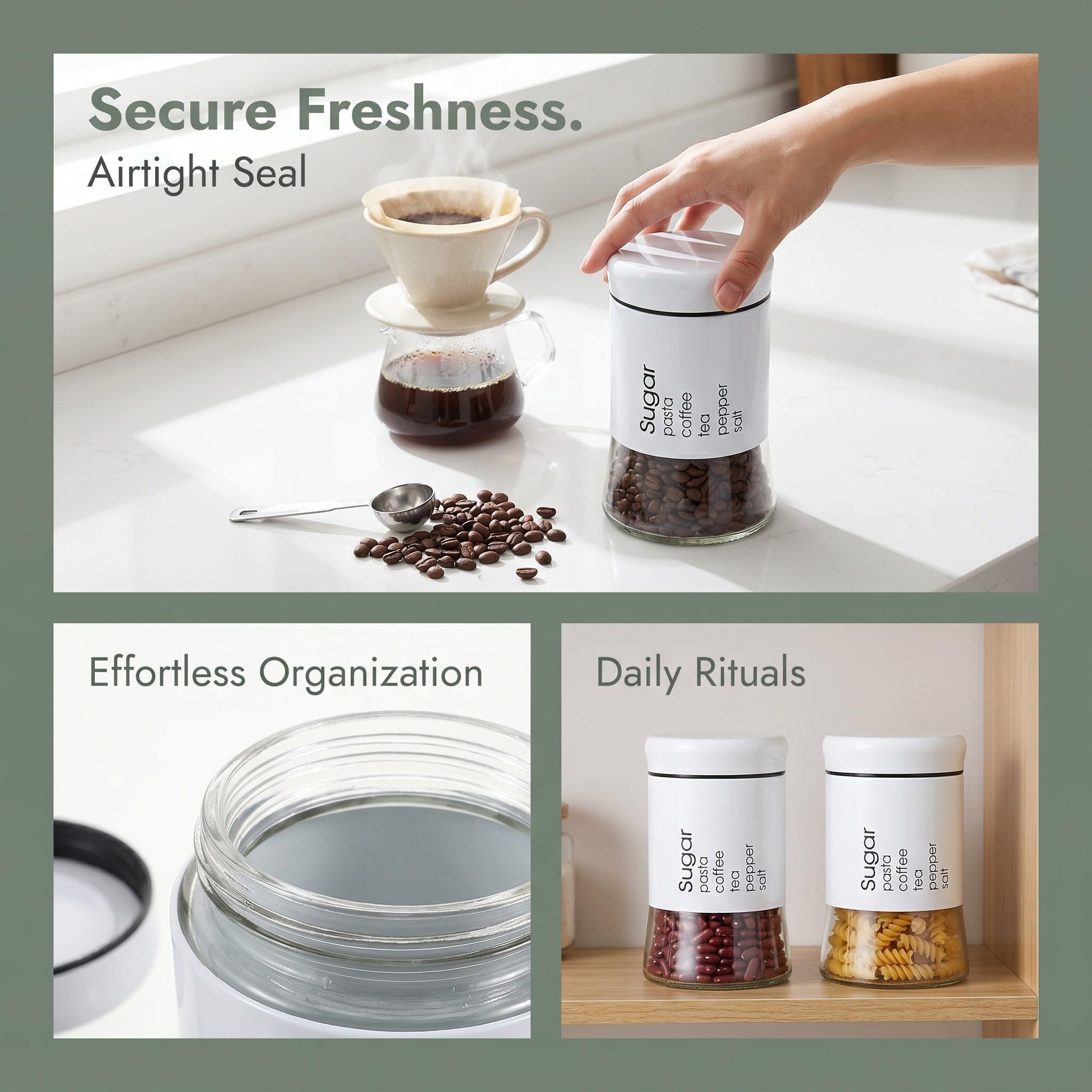 OUNONA 3 tarros de cristal de 600 ml con boca ancha, herméticos, con tapa, ideales para almacenar alimentos secos, té y café. Organizadores de despensa lavables y reutilizables, perfectos para