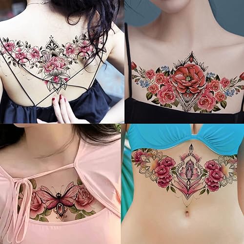 Miniatura 2 de Glaryyears Tatuaje temporal debajo del pecho para mujer, paquete de 10 tatuajes realistas florales grandes, calcomanías creativas de larga duración,
