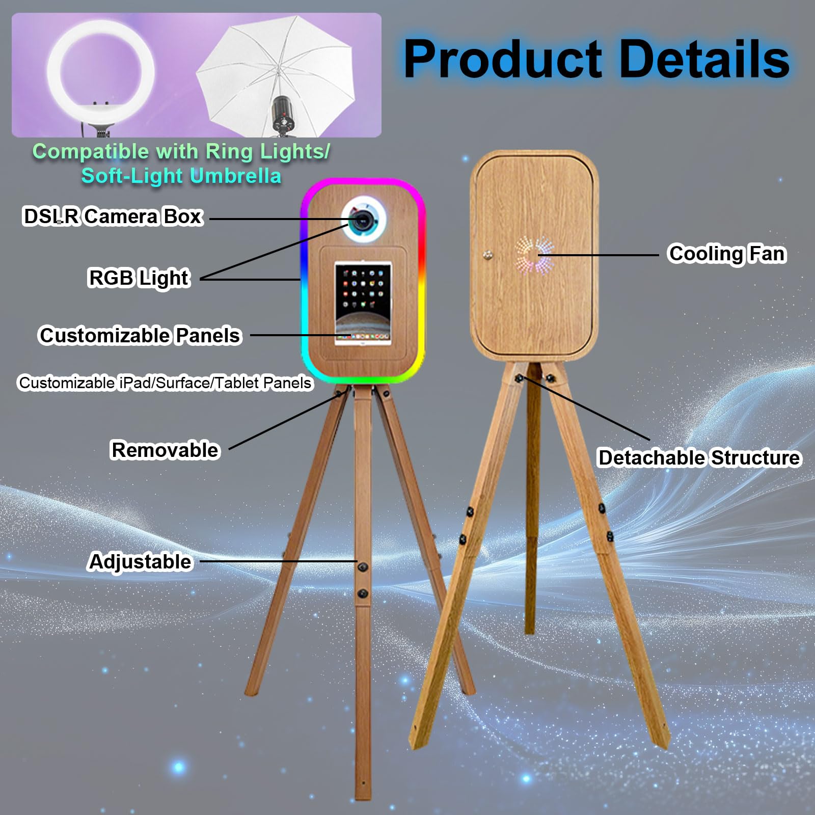 Statyw fotobudka z oświetleniem pierścieniowym kompatybilna z powierzchnią/tabletem/iPadem do fotobudki 25.9 cm-33.0 cm Shell Stand Selfie Photobooth Machine na wydarzenia (odcień drewna, maszyna +