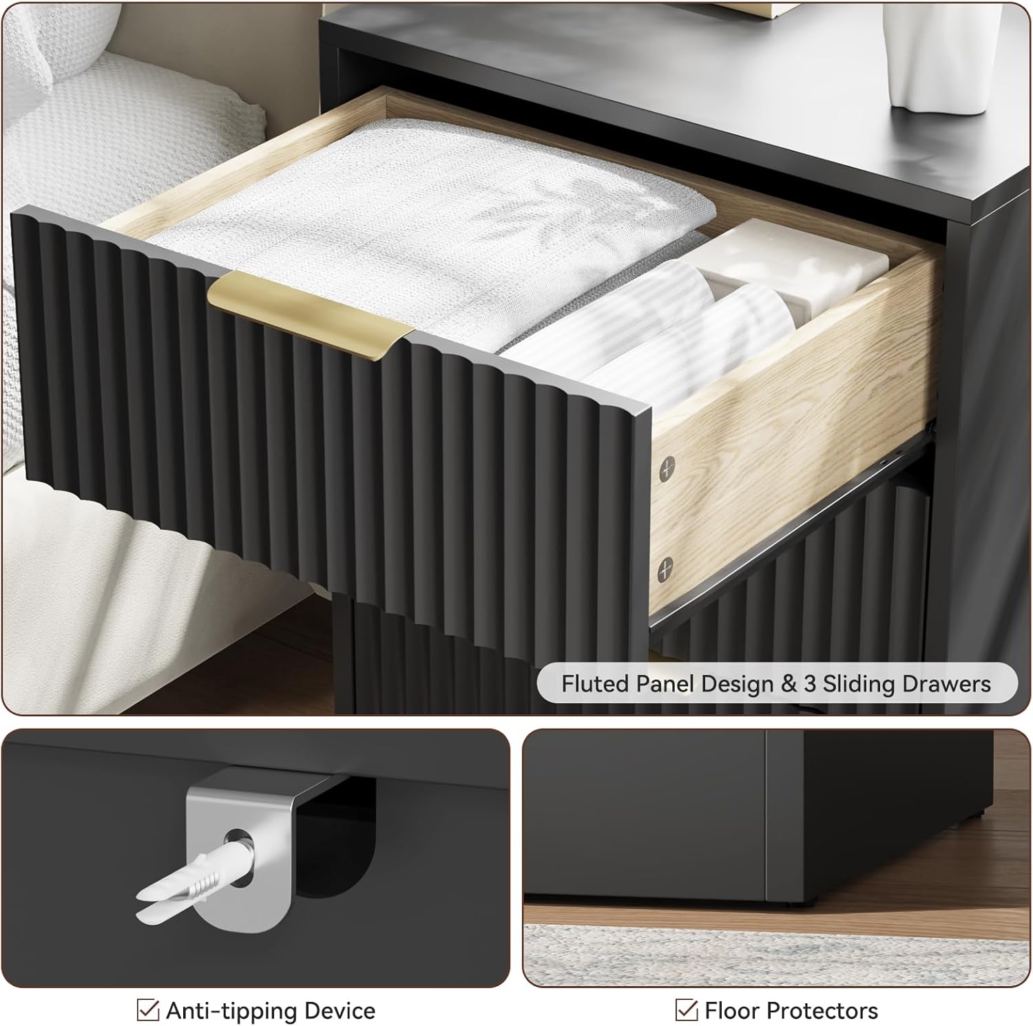 Close-up of a dresser drawer with fluted panel design, showing the anti-tipping device and floor protectors