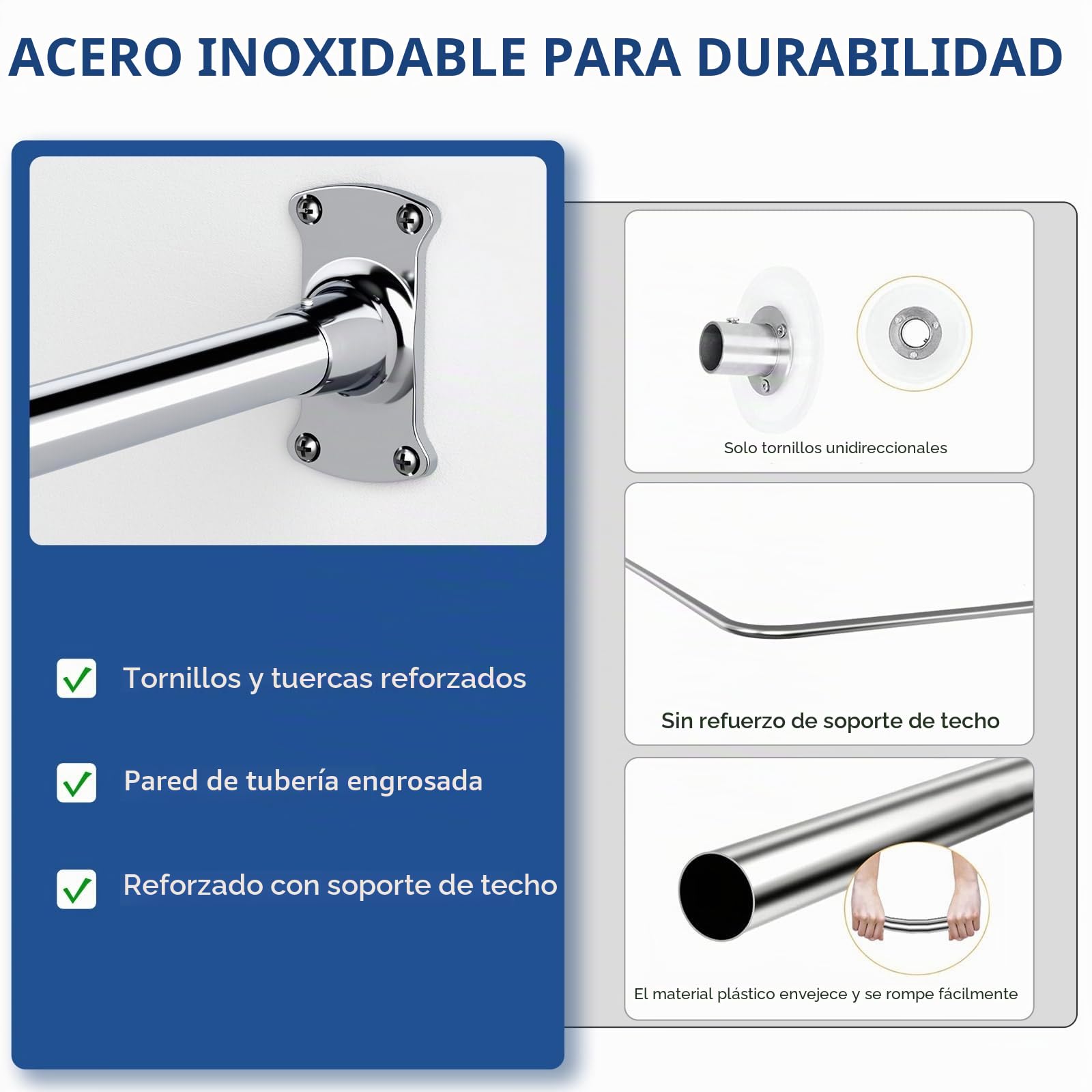Barra de cortina de ducha en forma de U/L, [80-90] × [160-180] × [80-90]cm | Barra de ducha esquina de acero inoxidable SUS304, barra de ducha ajustable con soporte de techo, incluye 22 anillos