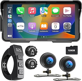 Professional Motorcycle Dash Cam, Motorcycle Carplay/Android Auto, Motorbike TPMS GPS Navigation, 5.5" IP66 Waterproof Touchscreen, Support Bluetooth/Siri/Google Assistant, Free SD-128G