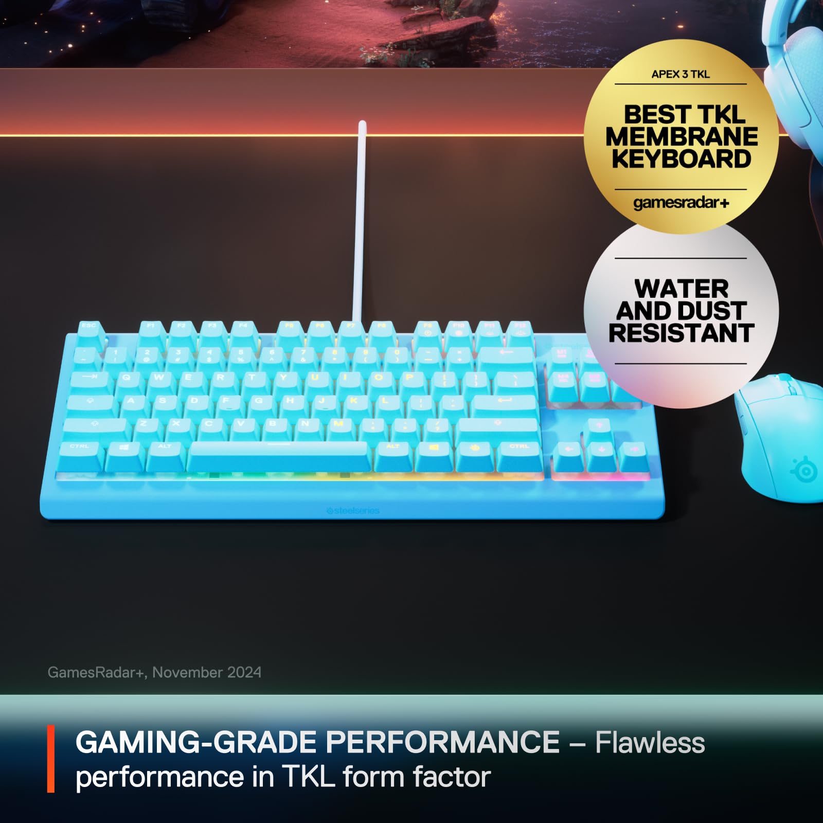 SteelSeries Apex 3 TKL Aqua RGB Gaming Keyboard — Tenkeyless Compact Form Factor — 8-Zone RGB Illumination — Water and Dust Resistant — Whisper-Quiet Gaming Switch view 2
